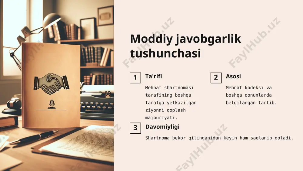a yuzaga kelgan surunkali yoki o'tkir kasallik. * ish beruvchining javobgarlik asoslari 1 ayb mavjudligi ish beruvchi o'z aybsizligini isbotlay olmasa, javobgar bo'ladi. 2 yuqori xavf manbai yuqori xavf manbaidan yetkazilgan zarar uchun javobgarlik. 3 qonunda belgilangan hollar qonunda nazarda tutilgan boshqa hollarda ham javobgarlik yuzaga keladi. * zararni qoplash tartibi 1 zarar miqdorini aniqlash yetkazilgan zarar miqdori aniqlanadi. 2 qoplash usulini tanlash zararni qoplash usuli kelishiladi. 3 to'lovni amalga oshirish belgilangan tartibda to'lov amalga oshiriladi. * xodimning moddiy javobgarligi cheklangan javobgarlik o'rtacha oylik ish haqi doirasida javobgarlik. to'liq javobgarlik yetkazilgan zararning to'liq miqdorida javobgarlik. jamoaviy javobgarlik jamoa a'zolarining birgalikdagi javobgarligi. * cheklangan moddiy javobgarlik miqdori o'rtacha oylik ish haqi doirasida. qo'llanilishi qonunda ko'rsatilgan hollarda qo'llaniladi. undirish tartibi ish beruvchining buyrug'i asosida undiriladi. * to'liq moddiy javobgarlik 1 shartnoma asosida to'liq moddiy javobgarlik to'g'risidagi shartnoma asosida. 2 qonunda belgilangan hollar mehnat kodeksida ko'rsatilgan hollarda. 3 rahbarlar uchun tashkilot rahbarlari uchun …