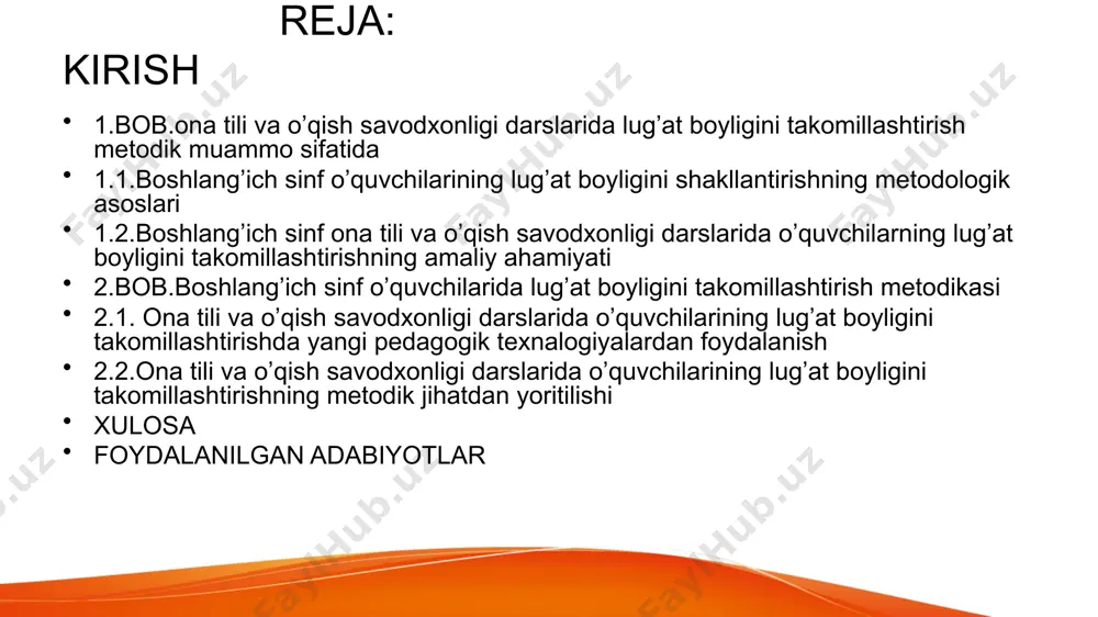 ifodalay bilishdir. bunga erishish uchun ona tili dasrlarida lug‘at ustida ishlashga alohida e’tibor qaratish lozim. kurs ishining o’rganilganlik darajasi:boshlang‘ich sinflarda ona tili o‘qish savodxonligida o‘quvchi nutqini o‘stirish mavzusi o‘zbek tilida so‘zlarning nutq o‘stirish jarayonida ishlatilishi va qo‘llanishi borasida tadqiqot ishlari qilingan bo‘lsada, biz uni yanada chuqurroq tadqiq etishga harakat qildik. shu boisdan ham biz ushbu mavzuni tanladik va bilimimiz doirasida uni tahlil qilishga harakat qildik. mavzuni tahlil qilish jaryonida sh.shoabduraxmonov, g‘.abduraxmonov, u.tursunov, sh.rahmatullayev, m.asqarova, a.g‘ulomov, h.ne’matov, n.mahmudov, b.mengliyev, o.bozorov, m.qurbonova, g‘.sayfullayeva, m. abduraimova, m. a’lamova, sh. baqaxonova, x. muxiddinova kabi tilshunos olimlarning ilmiy nazariy fikrlari va tadqiqotlariga tayandik. badiiy asar matnlarida gazeta va jurnaldagi maqolalarda va she’riyatda so‘zlarning o‘rinli qo‘llanilganligi, ularning asar badiiyligini shakllantirishdagi o‘rni hamda o‘quvchilarning so‘z qo‘llash va so‘zdan foydalanish mahoratlarini va nutq o‘stirish qobiliyatini oshirish va ko‘rsatish tahlil qilish ishning belgilaydi kurs ishining maqsadi:boshlang’ich sinflarda lug’at ustida ishlash va lug’at boyligini oshirish malakalarini oshirish yuzasidan ilmiy ishlarni …