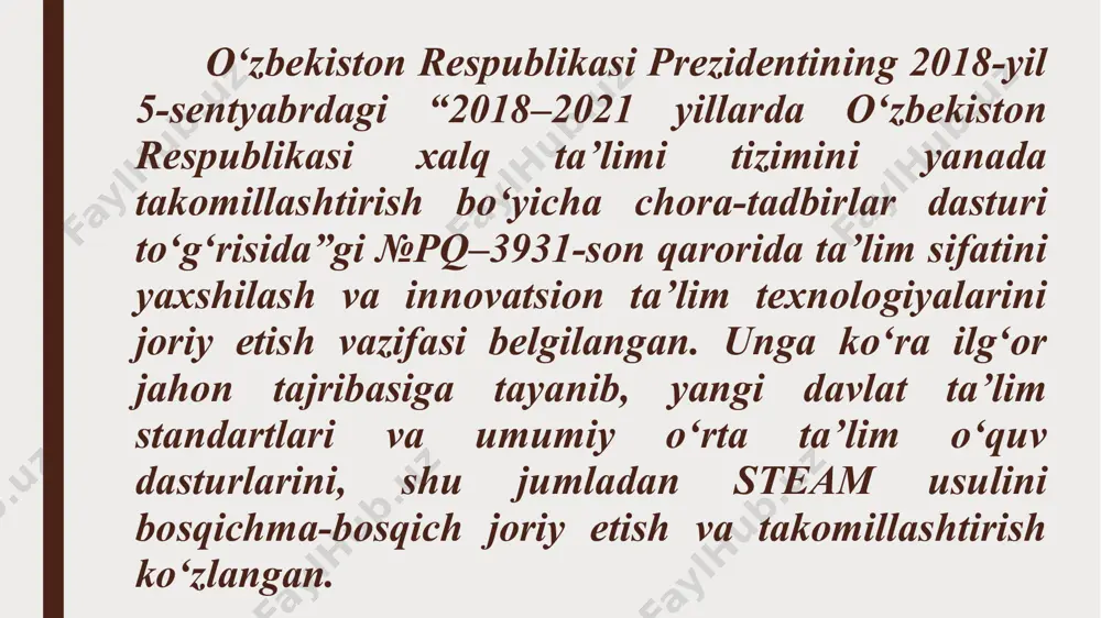 team mashg‘ulotlari tashkil etish, o‘qituvchilarga yo‘nalishlar berish, seminarlar tashkil etish maqsadga muvofiqdir, chunki mamalakatimizning yuksalishi uchun ta’limning sifat samaradorligini yanada oshirish uchun eskicha an’anaviy metodlardan voz kechib, darslarni xalqaro metodlardan foydalanib tashkil etish muhimdir. texnologiya darslarini steam ta’lim texnologiyasi asosida tashkillashtirish o‘qituvchidan tajriba va pedagogik mahoratni shuningdek puxta o‘zlashtirilgan bilimni talab etadi. chunki o‘qituvchi ushbu ta’lim texnologiyasini darsda qo‘llash jarayonigacha bo‘lgan vaqtda ushbu darsni rejalashtirgan va loyihalashtirgan bo‘lishi lozim. texnologiya darsini tashkillashtirish jarayonida o‘qituvchi mavzu doirasida darslikda berilgan ma’lumotlardan tashqari o‘zi ham ma’lumot yig‘ishi, to‘plangan ma’lumotlarni matematika, tabbiyot, san’at ( boshlang‘ich sinfda tasviriy san’at va musiqiy ta’lim) fanlarida berilgan mavzular bilan integratsiyalashi zarurdir. o‘z-o‘zidan ko‘rinadiki, o‘qitilishga mo‘ljallangan barcha mavzularni o‘qitish integratsiya talab qiladi. istagan yo‘nalishda istagan mavzuni o‘qitishda qaysi fanlar asosida integratsiyalashni bilish va darslarni shu asosda tashkil qilish muhimdir. e’riboringiz uchun raxmat image1.jpg image2.png image3.jpg media1.mp4 image4.png /docprops/thumbnail.jpeg
