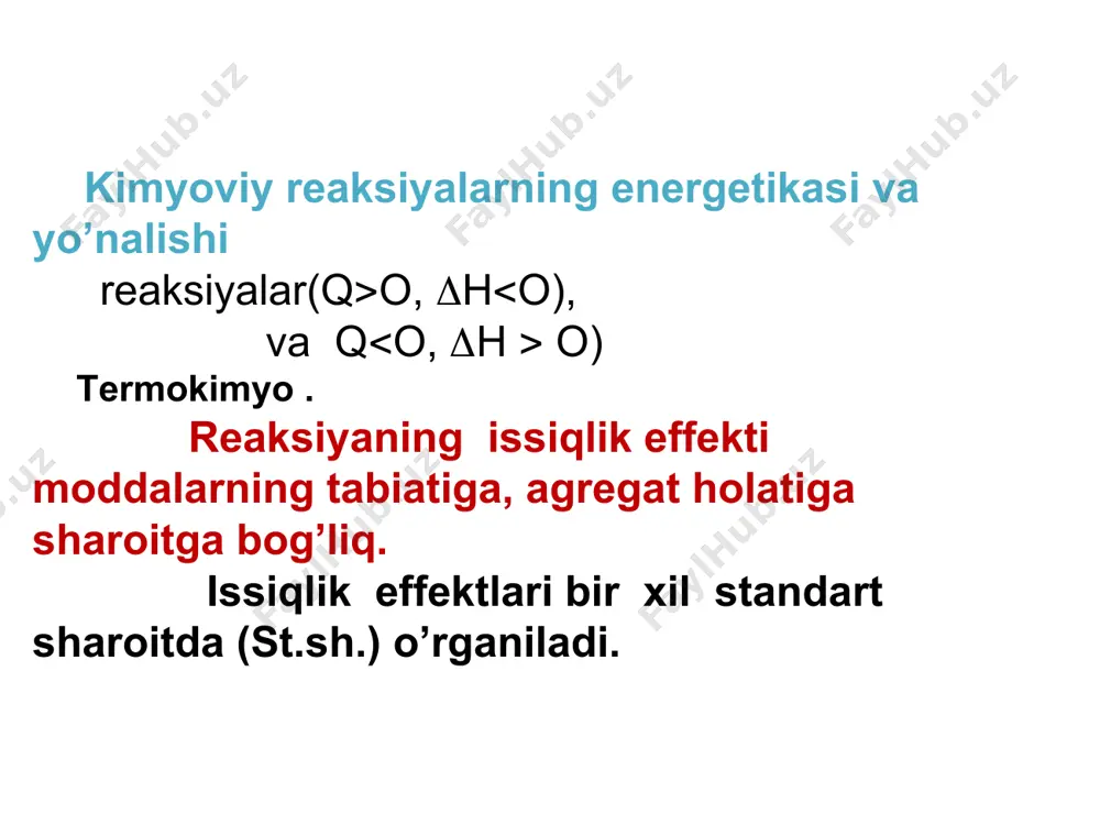 = u qp - qv = pv doimiy bosim va hajmdagi issiqlik effektlari ayirmasi shu gazning kengayish ishiga teng . mendeleyev-klayperon teng-ga qo’yilsa: pv= nrt n –reaksiyada ishtirok etayotgan gazsimon moddalarning mol miqdorlari o’zgarishi. qp - qv =nrt yoki h= u + nrt agar n=0, bo’lsa h= u. kimyoviy jarayonda qattiq va syuq moddalar ishtirok etsa n e’tiborga olinmaydi. reaksiyada modda miqdorining o’zgarish soni (n) stexeometrik koeffisientlar o’zgarishi. suyuq suvning h. b. issiqlik effektini hisoblang? 298 k da qv= -284,2 kj/mol . 2h2(g) +o2(g)=2h2o (s) n=n mahsulotlar-ndastlabki moddalar= 0 - 3=-3 h= u + nrt=-284,2-3*8,314*298=-284,2-7,4=-291,6 kj/mol. termokimyoviy hisoblashlar st. sh. 1 mol murakkab moddaning oddiy moddalardan hosil bo’lishidagi reaksiyasining issiqlik effekti shu moddaning st.h. b. issiqligi (ho f,298) deyiladi. f- ingliz til. “formation” – hosil bo’lish (oбразование). yonish issiqligi deb 1 mol moddani mo’l kislorod ishtirokida oddiy oksidlargacha yonishida ajraladigan issiqlik miqdori tushuniladi. (ho c,298) deyiladi. c- ingliz til. “combation” …
