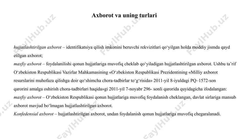 ariga (mualliflikka) ega barcha foydalanuvchilar axborotdan foydalana olishliklari. axborotni himoya qilish deganda: axborotning jismoniy butunligini ta’minlash, shu bilan birga axborot elementlarining buzilishi yoki yo‘q qilinishiga yo‘l qo‘ymaslik; axborotning butunligini saqlab qolgan holda, uni elementlarini qalbakilashtirishga (o‘zgartirishga) yo‘l qo‘ymaslik; axborotni tegishli huquqlarga ega bo‘lmagan shaxslar yoki jarayonlar orqali tarmoqdan ruxsat etilmagan holda olishga yo‘l qo‘ymaslik; egasi tomonidan berilayotgan (sotilayotgan) axborot va resurslar faqat tomonlar o‘rtasida kelishilgan shartnomalar asosida qo‘llanilishiga ishonish kabilar tushuniladi. axborot xavfsizlig deb, ma’lumotlarni yo‘qotish va o‘zgartirishga yo‘naltirilgan tabiiy yoki sun’iy xossali tasodifiy va qasddan ta’sirlardan har qanday tashuvchilarda axborotning himoyalanganligiga aytiladi. ilgarigi xavf faqatgina konfidensial (maxfiy) xabarlar va hujjatlarni o‘g‘irlash yoki nusxa olishdan iborat bo‘lsa, hozirgi paytdagi xavf esa kompyuter ma’lumotlari to‘plami, elektron ma’lumotlar, elektron massivlardan ularning egasidan ruxsat so‘ramasdan foydalanishdir. bulardan tashqari, bu harakatlardan moddiy foyda olishga intilish ham rivojlandi. axborotning himoyasi deb, boshqarish va ishlab chiqarish faoliyatining axborot xavfsizligini ta’minlovchi va tashkilot axborot zahiralarining yaxlitliligi, ishonchliligi, …