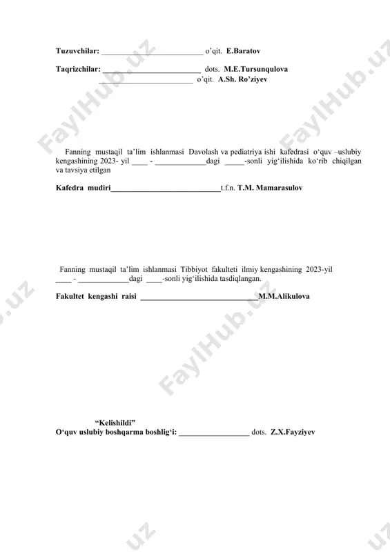 nik anatomik tahlil o‘tkazish. vrachlar xatolari. 25.yatrogen patologiyalar. reanimatsion patologiya. 26.onalar o‘limi muammosi, sabablari, rivojlanish mexanizmlari va patomorfologik xos belgilari. diagnostikasi bo‘yicha misollar tuzish. 27.sepsis haqida zamonaviy ma’lumotlar. sepsisning diagnostikasiga misollar tuzish. 1-mavzu: patologik anatomiya” moduliga kirish. hujayra alteratsiyasi. yallig‘lanish va reparatsiya. o‘tkir va surunkali yallig‘lanish. reja: 1. patologik anatomiya” moduliga kirish. 2. hujayra alteratsiyasi. 3. yallig‘lanish va reparatsiya. 4. o‘tkir va surunkali yallig‘lanish asosiy adabiyotlar 1. в. кумар и друг. основы патологии заболеваний. учебник. том 1-2-3. 2014 г. 2. m.s. abdullaxo‘jaeva “patologik anatomiya”/ darslik. 1,2-qism, lotin shriftida, 2012. 3. м.с. абдуллаходжаева “патологическая анатомия”. учебник. 1,2-том, рус. 2012. 4. a.i. ma’rupov. umumiy patologik anatomiyadan amaliy mashg‘ulotlar uchun qo‘llanma. 2011 y. 5. robbins and cotran pathologic basis of disease, professional edition, 9e (robbins pathology) 9th edition. 2015. qo‘shimcha adabiyotlar 1. о.в.зайратьянца. патологическая анатомия covid-19 атлас. м.-2020 г. (электрон). 2. b.a. magrupov «umumiy patologiya» dan dars o‘tish uchun o‘quv qo‘llanma, 2010 y. …