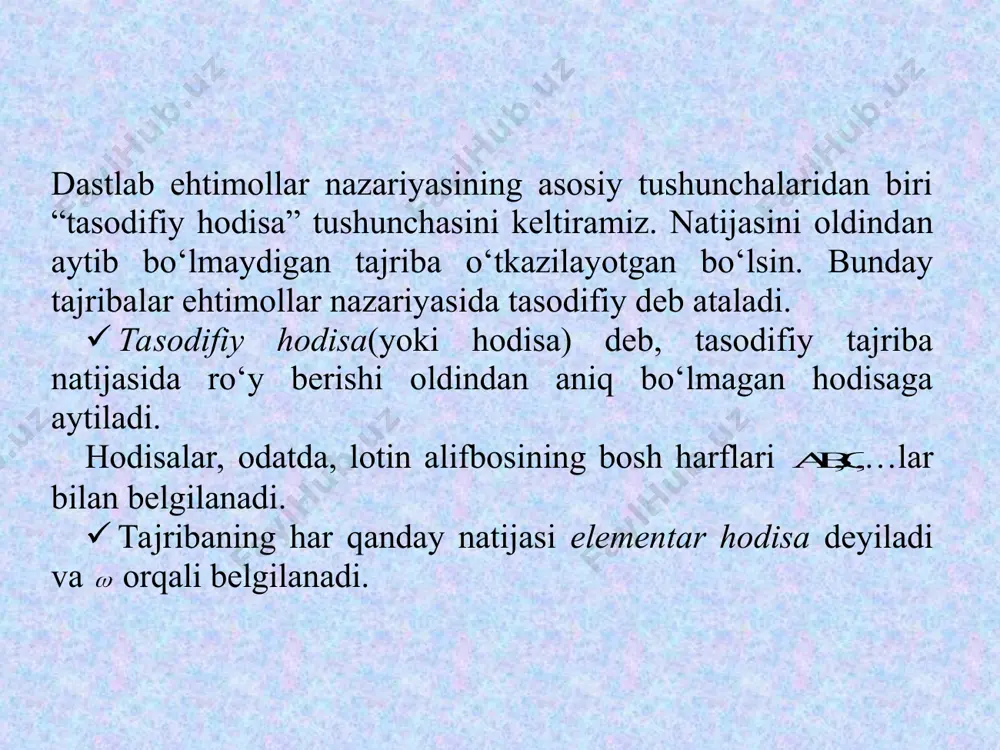 asi deb, hodisa ro‘y berib, hodisa ro‘y bermasligidan iborat ( ) hodisaga aytiladi. _1293023695.unknown _1293023811.unknown _1293023857.unknown _1294321317.unknown _1294321341.unknown _1294321283.unknown _1293023836.unknown _1293023732.unknown _1293023743.unknown _1293023709.unknown _1293023676.unknown _1293023694.unknown _1293023675.unknown a a a a a a a b a b b a í b a í a b í a b b a = · hodisaga qarama-qarshi hodisa faqat va faqat hodisa ro‘y bermaganda ro‘y beradi(ya’ni hodisa a hodisa ro‘y bermaganda ro‘y beradi). ni uchun teskari hodisa deb ham ataladi. · agar hodisa ro‘y berishidan hodisaning ham ro‘y berishi kelib chiqsa hodisa hodisani ergashtiradi deyiladi va ko‘rinishida yoziladi. · agar va bo‘lsa, u holda va hodisalar teng(teng kuchli) hodisalar deyiladi va ko‘rinishida yoziladi. _1292313671.unknown _1293023694.unknown _1293023695.unknown _1293023951.unknown _1292313802.unknown _1292313330.unknown a b a + hodisalar va ular ustidagi amallarni eyler-venn diarammalari yordamida tushuntirish(tasavvur qilish) qulay. hodisalar ustidagi amallarni 1-5 rasmlardagi shakllar kabi tasvirlash mumkin. a-b 1-rasm. 2-rasm. a(b 3-rasm. 4-rasm. a ω b b ab …