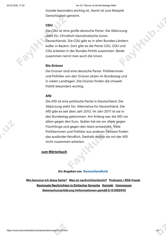 später hat sie vor allem gegen flüchtlinge und gegen den islam protestiert. viele politikerinnen und politiker aus anderen parteien finden das ausländer-feindlich. deshalb wollen sie mit der afd nicht zusammen-arbeiten. zum wörterbuch ein angebot von deutschlandfunk wie benutze ich diese seite? was ist nachrichtenleicht? podcasts / rss-feeds regionale nachrichten in einfacher sprache kontakt impressum datenschutzerklärung (informationen gemäß § 13 dsgvo) cdu die grünen afd 25.02.2025, 11:32 am 23. februar ist die bundestags-wahl https://www.nachrichtenleicht.de/deutschland-waehlt-100.html 4/4 https://www.nachrichtenleicht.de/woerterbuch https://www.deutschlandfunk.de/ https://www.nachrichtenleicht.de/benutzung-100.html https://www.nachrichtenleicht.de/erklaerung-100.html https://www.nachrichtenleicht.de/podcast-100.html https://www.nachrichtenleicht.de/regionale-angebote-100.html https://www.nachrichtenleicht.de/kontakt-102.html https://www.nachrichtenleicht.de/impressum-102.html https://www.nachrichtenleicht.de/datenschutz-118.html