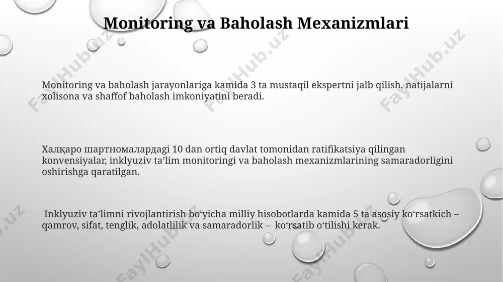 vaffaqiyatiga erishganini ko`rsatdi. braziliyaning 1994 yildagi inklyuziv ta'lim siyosati 8 millionga yaqin bolani maxsus ta'lim ehtiyojlarini qondirish uchun inklyuziv sinflarga qo`shishga yordam berdi. inklyuziv ta'limning mohiyati inklyuziv ta'lim strategiyasi turli xil o'quv uslublari va texnologiyalarni, masalan, 5 dan ortiq moslashtirilgan dasturlarni qo'llash orqali individual ehtiyojlarga moslashtiriladi. inklyuziv ta'limning samaradorligi 80% dan ortiq o'quvchilarning akademik ko'rsatkichlarining yaxshilanishi va ijtimoiy moslashuvchanlikning oshishi bilan bog'liq. inklyuziv ta'lim barcha bolalar, shu jumladan nogiron bolalar va maxsus ehtiyojli bolalar uchun teng imkoniyatlarni ta'minlashga qaratilgan bo'lib, 10 dan ortiq turdagi ta'lim ehtiyojlarini qondiradi. ta'limga teng huquq va imkoniyatlar “ta’limga teng huquq va imkoniyatlar” deklaratsiyasi 1990-yillarda qabul qilingan bo'lib, 20 dan ortiq mamlakatning ta’lim siyosatiga sezilarli ta’sir ko'rsatdi va inklyuziv ta’limga oid 5 ta asosiy printsipni o'zida mujassamlashtirgan. deklaratsiya ijrosi natijasida 5 yildan keyin o'quv yurtlarida qo'shimcha 1000 dan ortiq inklyuziv ta’lim resurslari va maxsus moliyaviy yordamlar ajratilishi prognoz qilingan. ushbu deklaratsiya, kamida 15% nogiron bolalarni umumiy …