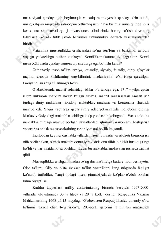 qiga ega bo’ldi va har jihatdan o’sa boshladi. lekin bu maktablar mohiyatan ruslarga xizmat qildi. mustaqillikka erishganimizdan so’ng ilm-ma’rifatga katta e’tibor berilayotir. õlaq ta’limi, oliy va o’rta maxsus ta’lim vazirliklari keng miqyosda faoliyat ko’rsatib turibdilar. yangi tipdagi litsey, gimnaziyalarda ko’plab o’zbek bolalari bilim olyaptilar. kadrlar tayyorlash milliy dasturimizning birinchi bosqichi 1997-2000- yillarida viloyatimizda 33 ta litsey va 28 ta kollej qurildi. respublika vazirlar mahkamasining 1998-yil 13-maydagi “o’zbekiston respubjlikasida umumiy o’rta ta’limni tashkil etish to’g’risida”gi 203-sonli qarorini ta’minlash maqsadida viloyatda dastur va darsliklarni sinovdan o’tkazish maqsadida bitta respublika, 22 ta viloyat tajriba-sinov maydonlari tashkil etildi. birgina 1999-2000-o’quv yili natijalarini ko’zdan kechiradigan bo’lsak, ushbu yilda yangi turdagi ta’lim muassasalari bitiruvchilarining 88 foizi oliy o’quv yurtlariga kirganlar. bu ko’rsatkich bo’yicha viloyatimiz toshkent shahridan keyingi ikkinchi o’rinni egallagan. 2001-yilda 2005-yilda 1.ta’lim tizimida- 36272 nafar 38769 nafar o’qituvchi va murabbiylar viloyatimiz ta’lim-tarbiya maskanlarida xizmat qilmoqdalar. 2. shundan oliy toifali- muallimlar- 3766 nafar, 4859 nafar 3. …