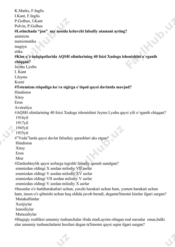 da yashab o`tgan faylasufni aniqlang? suqrot fales aflotun ksenofan #aflotunning eng yaqin do`sti va shogirdi kim bo`lgan? arastu suqrot fales ksenofan #qaysi yunon faylasufi “davlat” asarini yozgan? aflotun suqrot fales ksenofan #“aflotun mening do`stim, ammo qonun do`stlikdan ustun turadi” degan so`zlar kimga tegishli? suqrot fales arastu ksenofan #arastu aflotun maktabiga nechi yoshida kelgan? 7 6 8 9 #“likey” nomli maktabni kim ochgan? arastu suqrot aflotun ksenofan #qaysi yunon faylasufi mantiqqa oid barcha asarlarini “organon” nomli asariga jamlagan? arastu suqrot aflotun ksenofan #butun borliqni atomlardan va bo`shliqdan kelib chiqqan deb kim ta`riflaydi? demokrit suqrot aflotun ksenofan #gnostitsizimning asosiy yunalishini toping? dualizm jaynizm magiya mifalogiya #o`rta asrlar uyg`onish davri faylasufi jardono bruno qaysi shahar yaqinida tug`ulgan? neapol milan bergamo parij #“ilmiy inqiloblar strukturasi” asarining mualifi kim? tomos kun i.kant i.lakatos k.popper #kimning fikriga ko`ra fan tarixi epistemologiyaning bazasi va asosiy materialiga aylanishi lozim? tomos kun i.kant i.lakatos k.popper #“tarixiylikning qashshoqligi” asarining mualifi …