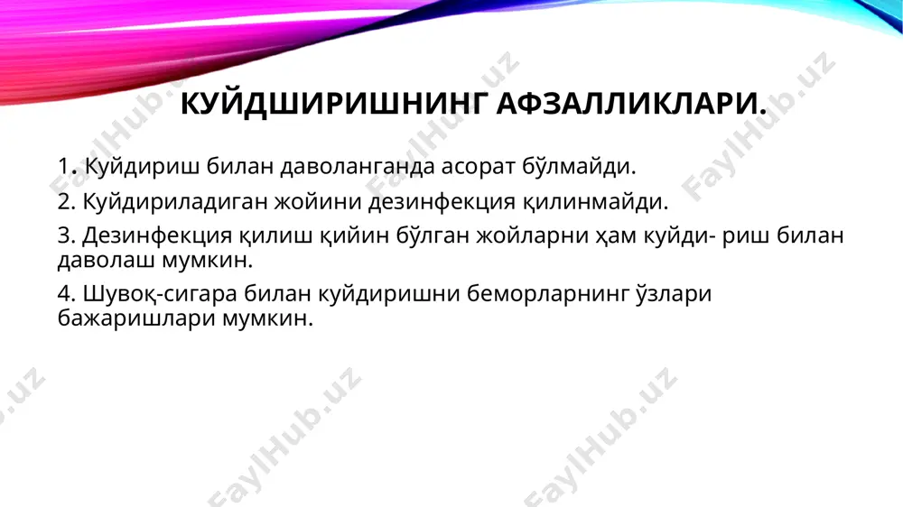 rga- nizmga issikliq ta'siri bir xil emas va tarkibidagi kimëviĭ moddalar xususiyati organik hamda noorganik moddalar- ning ŭzaro aloqadorligi bŭĭicha aniqlanadi. b> muolajalarda balchiqning ŭziga xos issiqlik chegarasi nazarda tutiladi: a) sulfitli loĭqa balchiq. 44°s; b) chirindili balchiq 46°s; v) botqoqli balchiq 48°s. modda almashinuvi jaraënlarining tezlashishi, tŭqimalarda haroratning kŭtarilishi, ŭtkazuvchanlikning me'ërlashuvi, tomirlarning kengaĭishi, tomirlardagi qon harakati- ning yaxshilanishi, barcha-barchasi balchiq bilan davolash usulidagi issiqlik omili ta'sirida kuzatiladi. jismoniĭ ta'sir usulida davolashga balchiq vannalari hamda jinsiĭ a'zolarni (qin va orqa chiqaruv teshiklariga tamponlar qŭĭish) muolajalari kiradi. balchiqni chaplashda uning qalinligi 4—5 smdan kam bŭlmasligi shart. balchiqda organik va noorganik birikmalar tarkibidagi kimëviĭ-biologik faol moddalar minerallashuvi mikroelementlar, gazlar va boshqa omillar orqali aniqlanadi. tayanch-harakat a'zolarining, markaziĭ va periferik asab tarmoqlarining shikastlanishi ëki kasalliklarida; aëllar va erkaklar jinsiĭ a'zolari xastaliklarida; quloq, tomoq hamda burun og'riqlarida; kŭz va teri kasalliklarida; kuĭgan hamda sovuq olgan joĭlarni davolashda balchiq muolajalari keng qŭllaniladi. tuproq va qum …