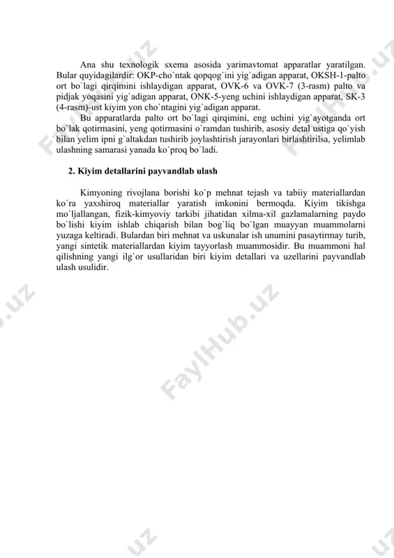 izik-kimyoviy tuzilishiga bog`liq. payvandlash tartibi sintetik smolalarning va ulardan olingan tolalarning qanday haroratda yumshashi va suyuqlanishiga qarab belgilanadi. tikuvchilikda termoplastik materiallardan buyumlar ishlab chiqarishning asosiy usullardan biri payvandlash usulidir. bunday termoplastik materiallar ham, ularni payvandlash ham nihoyatda xilma-xil. bulardan eng yaxshi o`rganib chiqilgani plyonka materiallarni payvandlashdir. bunda plyonka materialning xususiyati, uning qanday usul bilan hosil qilinishi, polimerning yumshash va erish harorati, payvandlash zonasida pishiq chok hosil qilish uchun zarur bo`lgan bosim, payvand qilinayotgan plyonkalarni yopishqoq-cho`ziluvchan holatga kelguncha qancha vaqt qizdirish kerakligi va plyonkaning qalinligi kabi omillar payvand chok hosil bo`lishiga ta`sir etadi. termoplastik materiallarning suyuqlanish harorati yaqqol ko`zga tashlanadigan bo`lmaydi va ular qizdirilganda elastik holatdan yopishqoq-cho`ziluvchan holatga asta-sekin o`ta boradi. elektrda qizdirib payvandlash usulida qizdiriladigan asboblar faqat issiqlik tashish vazifasinigina emas, balki payvandlanish joyiga bosim berish vazifasini ham bajaradi. payvandlanadigan sathlarga bosim berish uchun ko`pincha maxsus roliklar, lentalar yoki plitalar ishlatiladi. elektrda qizdirib payvandlash ikki xil bo`ladi: ketma-ket payvandlash va …