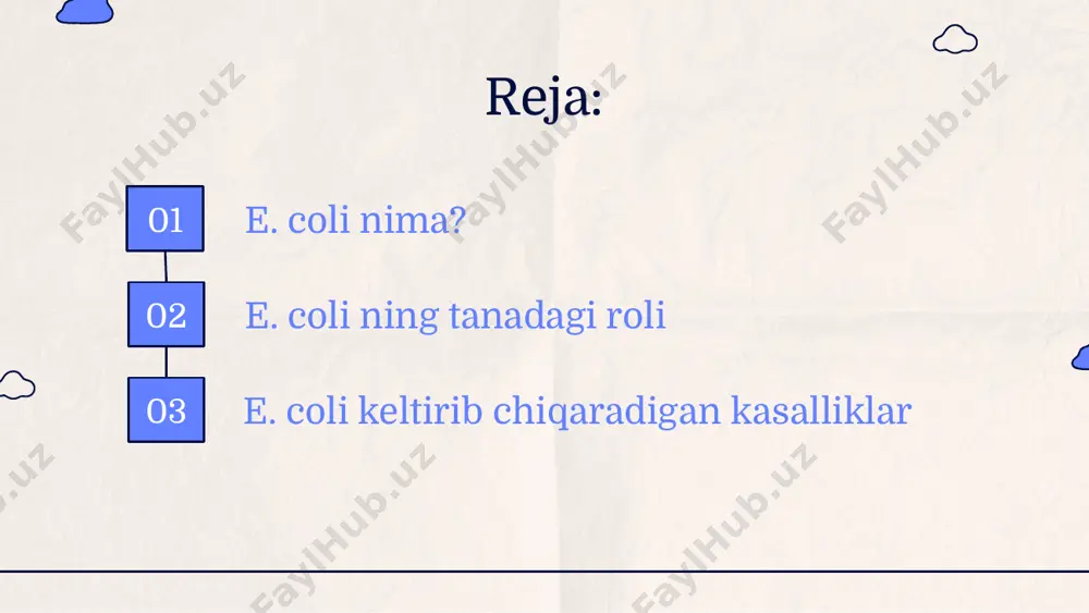 qaynatganda e. coli tezda o'ladi. ultrabinafsha nurlanish va dezinfektsiyalash vositalari ham ushbu mikroorganizmga halokatli ta'sir ko'rsatadi. e. coli keltirib chiqaradigan kasalliklar e. coli inson tanasiga kirgandan so'ng, uning faol ko'payishi boshlanadi. bu ovqat hazm qilish jarayonlarining normal oqimining buzilishiga va ichak shilliq pardalarining yallig'lanishiga olib keladi. e. coli ning birinchi alomati ko'pincha diareya hisoblanadi. ushbu alomatning o'zi juda jiddiy xavf tug'diradi, chunki uzoq muddatli diareya ko'pincha suvsizlanish va kaltsiy, natriy va kaliy kabi muhim elementlarning yuvilishiga olib keladi. shuningdek, e. coli infektsiyasi pankreatit (oshqozon osti bezining yallig'lanishi), gastrit (oshqozon yallig'lanishi) va kolit (yo'g'on ichakning yallig'lanishi) ga olib kelishi mumkin. uchrashuvni belgilang va tajribali sm klinikasi mutaxassislari sizni e. coli infektsiyasining oqibatlaridan davolaydi. shundan keyin tugaydi hammaga raxmat image1.png image2.jpeg image3.jpeg image4.jpeg image5.jpeg image6.jpeg image7.jpeg image8.jpeg image9.jpeg image10.jpeg image11.jpeg image12.jpeg image13.jpeg image14.jpeg image15.jpeg image16.jpeg image17.jpeg image18.jpeg