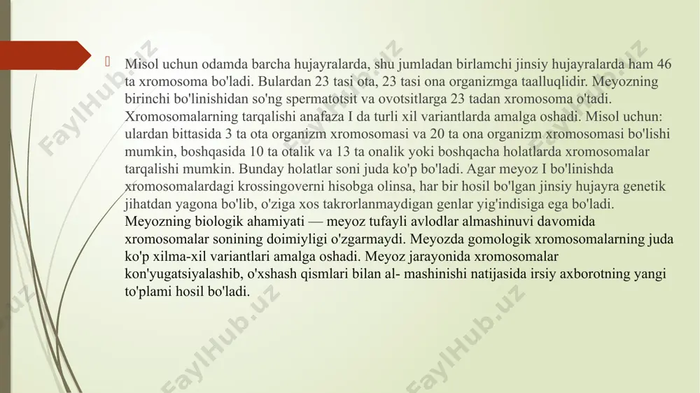 di, mitoz emas. hujayra tsikli va mayoz jarayoni davomida jinsiy hujayralar nafaqat diploiddan gaploidga (har bir jinsiy hujayrada dnkning yarmi) o'tibgina qolmay, balki ularda ham "dnk rekombinatsiyasi" deb nomlangan "o'zaro faoliyat" hodisalari mavjud. bundan tashqari, ishlab chiqarilgan har bir jinsiy hujayralar noyob va xilma-xil bo'lib, genetik jihatdan turli xil keyingi avlodni hosil qiladi. mitoz va meyozning ahamiyati shundan iboratki, mayoz keyinchalik ko'payish uchun imkon berish uchun organizmning o'sishi va rivojlanishiga imkon beradigan bo'lsa, mayoz ko'payish imkoniyatini yaratadigan jinsiy hujayralarni yaratadi. image1.png image2.png image3.png image4.png