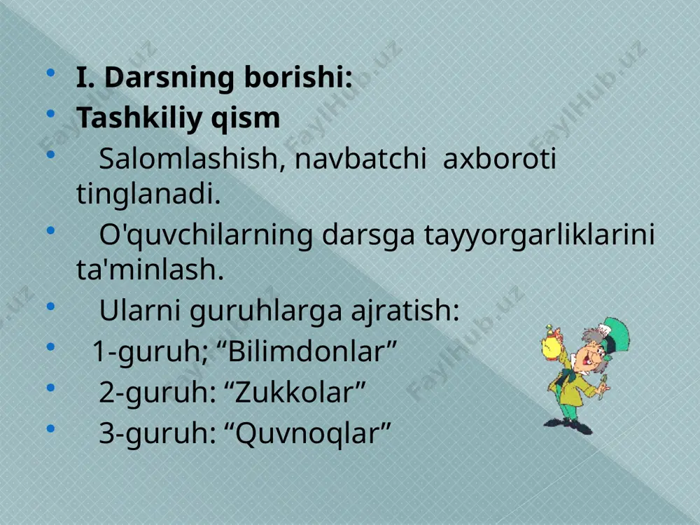 sh. test topshiriqlari: sher nimani qutqardi? a) sichqonni b) chumolini d) bo’rini e) olmaxonni 2. sher nimaga ilindi? a) qarmoqqa b) qopqonga d) tuzoqqa e) to’rga 3. nima yordamga keldi? a) bo’ri b) tulki d) sichqon e) olmaxon 4. sichqon nima bilan to’rdan qutqardi? a) o’tkir tishlari bilan b) pichoq bilan d) qo’li bilan e) qaychi bilan o’qituvchi: -aziz bolajonlar, mana bugun biz siz bilan “sher va sichqon” ertagini o’rganib oldik. demak, har birimiz hayvonlarni asrab-avaylashimiz,ularga g’amxo’rlik qilishimiz kerakligini tushundik. ertakdan xulosa chiqarib, o’rtoqlarimizga qiynalib qolgan paytda yordamimizni ayamaslikni, yaxshilik hech qachon yerda qolmasligini, yaxshilikka yaxshilik qaytishini guvohi bo’ldik. shunday ekan, biz har doim tabiatga nisbatan mehrli, bir-birimizga oqibatli bo’lishimiz kerak. darsda faol ishtirok etgan o’quvchilar rag’batlantiriladi va baholanad. ”oqish fanining eng faol o’quvchisi” nominatsiyasi bo’yicha e’tirof etiladi. vi. uyga vazifa. “sher va sichqon” ertagini o’qib so’zlash, hikmatli gap, maqolni yod olish, ertak asosida rasm chizish. image2.gif image3.jpeg image4.gif image5.gif …