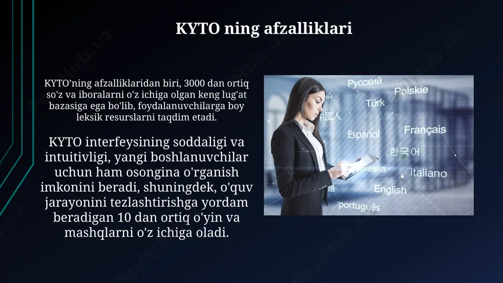 oshirish kutilmoqda. shaxsiylashtirilgan o'quv rejasi shaxsiylashtirilgan o'quv rejasi talabaning 5 ta asosiy ko'nikmasini (o'qish, yozish, tinglash, gapirish, grammatika) hisobga olgan holda, individual ehtiyojlariga moslashtirilgan 10 ta darslik modulini o'z ichiga oladi. o'quv jarayonining samaradorligini oshirish uchun, shaxsiylashtirilgan o'quv rejasi har bir modul yakunida 20 ta savoldan iborat testlarni, va 5 ta interaktiv mashqlarni o'z ichiga oladi. kompyuter yordamida til o'rganish dasturlari (kyto)ga umumiy nuqtai ko'pgina kyto dasturlari turli darajadagi foydalanuvchilar uchun moslashtirilgan bo'lib, boshlang'ichdan yuqori darajagacha bo'lgan 5-6 ta o'quv darajasini o'z ichiga oladi. interfaol mashqlar va o'yinlar orqali 80% ga yaqin foydalanuvchilarning motivatsiyasi ortadi va til o'rganish samaradorligi 20% ga oshadi degan tadqiqotlar mavjud. muvaffaqiyatli kyto qo'llanmalarining misollari ba'zi kyto qo'llanmalari nutqni tanib olish texnologiyasidan foydalanib, foydalanuvchining talaffuzini baholash va takomillashtirish imkoniyatini beradi, to'g'ri talaffuz koeffitsiyenti 80% dan yuqori. kyto platformalarining ko'pchiligida 3 ta darajadagi o'quv materiallari (boshlang'ich, o'rta va yuqori) mavjud bo'lib, ularning har biri 12 ta mavzu …