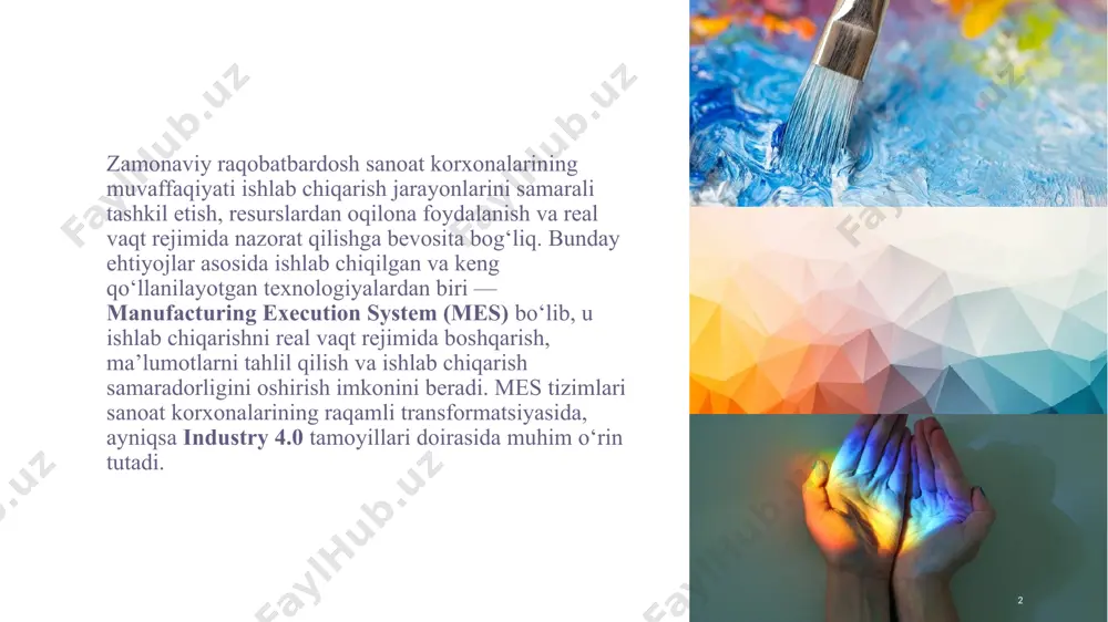 b chiqarish tannarxining pasayishi – optimal rejalashtirish va resurslardan to‘g‘ri foydalanish natijasida ortiqcha sarf-xarajatlar kamayadi. xodimlarning unumdorligi oshadi – ishchilarga aniq topshiriqlar beriladi, ularning ishlari tizimda qayd etiladi va baholanadi. muvofiqlik va sertifikatlash jarayonlari soddalashadi – izchil axborotlar tufayli ishlab chiqarish korxonalari xalqaro standartlarga mos ravishda ishlash imkoniyatiga ega bo‘ladi. o‘zbekiston sanoatida mes tizimlarining qo‘llanilishi o‘zbekiston sanoat tarmoqlari, xususan kimyo, oziq-ovqat, avtomobilsozlik, energetika va to‘qimachilik sohalarida raqamli texnologiyalar jadal joriy etilmoqda. yirik korxonalar, xususan "uzauto motors", "navoiyazot", "farg‘onaazot" kabi korxonalar mes tizimlaridan foydalanib, ishlab chiqarish samaradorligini oshirishga erishmoqdalar. image1.jpeg image2.jpeg image3.jpeg image4.jpeg