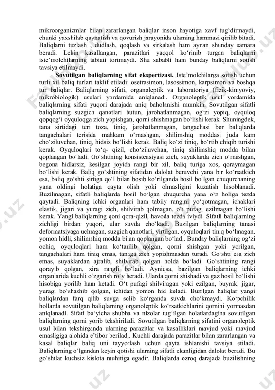 digan baliq go‘shtlari tarkibida mikroelementlar miqdori issiqqonli hayvonlarnng go‘shtlariga qaraganda 40-70 marta ko‘p bo‘lishi aniqlangan. uglevodlar baliq go‘shti tarkibida gilikogen (hayvon kraxmali) holida uchrab, ularning miqdori juda kam-0,5-1,0% ni tashkil etadi. baliqning deyarli hamma to‘qimalarida vitaminlar uchraydi. baliq go‘shti tarkibida uchraydigan asosiy vitaminlar a, d, e, k (yog‘da eruvchi) vitminlaridir. bandan tashqari baliq go‘shti va boshqa to‘qimalarida b1, b2 va c vitaminlari bo‘ladi. ko‘p miqdorda vitaminlar baliq jigari moylarida uchraydi. shunday yog‘larga treska balig‘i jigari yog‘larini kiritish mumkin. baliq go‘shti tarkibida suv 55 foizdan 83 foizgacha bo‘ladi. baliq go‘shti qanchalik yog‘li bo‘lsa, ularda suv miqdori shuncha kam bo‘ladi. masalan, yog‘siz baliq hisoblanadigan treska baliqlari go‘shti tarkibida suv 80-83% ni tashkil etadi. baliq go‘shtlarining ovqatlik qiymati faqat ularning kimyoviy tarkibi bilangina emas, balki baliq tanasidagi iste’mol qilinadigan va iste’mol qilinmaydigan qism va organlarning nisbati bilan ham o‘lchanadi. baliqning iste’mol qilinmaydigan qismlari – suyak, suzgich qanotlari, tangachalari, ichki organlaridir. baliq go‘shti mol …