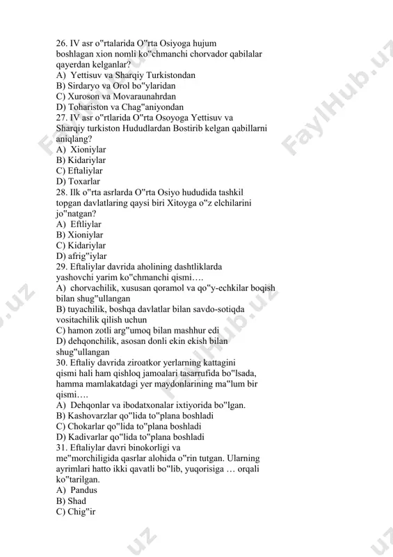 . a) darg‟om b) bo‟zsuv c) zog‟ariq d) murg‟ob 38. ipak yo‟li savdosida sosoniy savdogarlari bilan raqobatda asosan…………..vositachilik rolini o‟ynaydi. a) sug‟dlar b) turklar c) eftallar d) forslar 39. o‟rta osiyo aholisi turli tillarda so‟zlashgan.chorvador aholi o‟rtasida………..muhiti hukmron edi. a) turkiy tili b) sug‟d tili c) fors tili d) mo‟g‟ul tili 40. qaysi til xalqaro savdo tili sifatida yettisuv va farg‟ona orqali sharqiy turkistonga kirib,xitoy hududlarigacha yetib boradi? a) sug‟d tili b) turk tili c) fors tili d) mo‟g‟ul tili 41. eftaliylar yozuvi nechta harfdan iborat bo‟lgan? a) 25 ta b) 22 ta c) 20 ta d) 38 ta 42. v-asrda o‟rta osiyoliklar xitoy hunarmandlariga nimani o‟rgatadilar? a) rangli shisha va shisha buyumlar yasashni b) charmdan egar-jabduq yasashni c) ot-aravalar va duradgorlik san‟atini d) qurol yarog‟ yasashni 43. turk xoqonligida kimlar»yabg‟u»unvoniga ega bo‟lish huquqini qo‟lga kirta olgan? a) xoqonning qarindoshlari b) yirik sarkardalar c) urug‟ sardorlari d) katta yer egalari …
