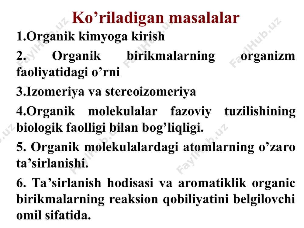 ri hisoblanadi. etanol organizmga tushganda tinchlantiruvchi vosta bo’lishiga qaramay, organizmda eyforiya holatini chaqirishi mumkin. jigarda alkogoldegidrogenaza kabi fermentlar etanolni atsetaldegidgacha oksidlashi mumkin. u esa o’z navbatida aqliy faoliyatni va jismoniy muvozanat buzilishiga olib keladi. qondagi spirt konsentratsiyasini 0,4% dan oshishi, ko’ma va olimni chaqiradi. fenollar fenollar o’simliklarning hid yoki ta’m ishlab chiqaradigan efir moylarida topilgan. evgenol chinnigulda, vanilin vanil qirindisida, isoeugenol muskat yog’ida, timol ham timyan, ham yalpizda uchraydi. timol yoqimli yalpiz ta’mga ega bo’lib og’iz bo’shlig’ini va tishlarni chayishda dezinfektsiyalovchi vosita sifatida stomatologiyada ishlatiladi. bisfenol bisfenol po’likarbonat ishlab chiqarishda ishlatiladi. po’likarbonat shaffof shisha bo’lib, ichimlik uchun shisha idishlar shuningdek, bolalar uchun shisha idishlar ishlab chiqarishda foydalaniladi. sterillantirishda yuqori haroratda ba’zi yuvish vositalari po’likorbanatli butilkalardagi polimerni yemirilishiga olib keladi. natijada bisfenol butilkadan ishqorlanib ajralib hiqadi. bisfenol estrogen kabi ta’sirga ega bo’lgani uchun, uning oz miqdori ham salbiy ta’sir ko’rsatishi ehtimoli bor. 2008 yildan kanadada yorliqlarda "bisfenolsiz" degan yozuvi bo’lmagan po’likarbonatli …