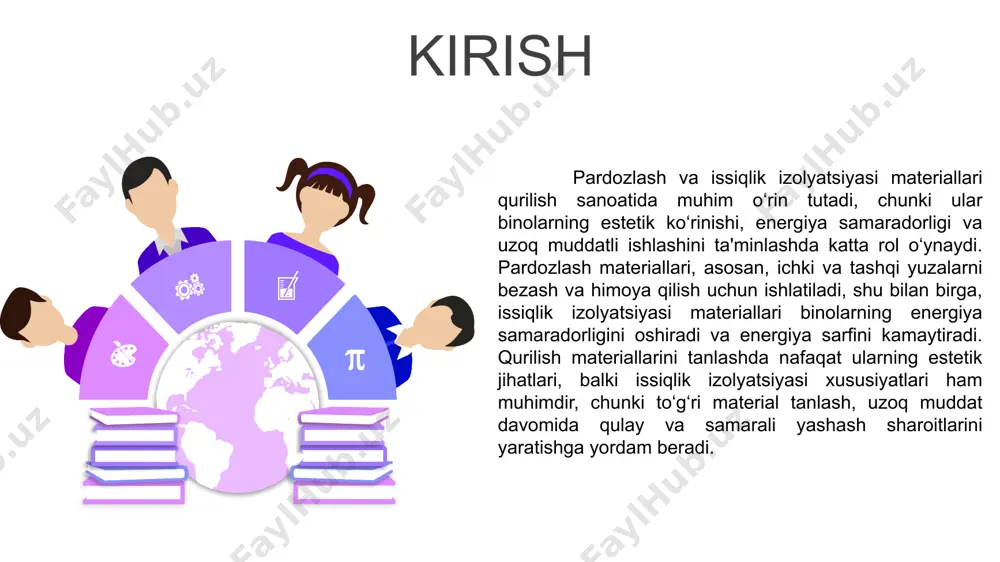 hga imkon beradi. moslashuvchanlik issiqlik izolyatsiyasi materiallari — bu issiqlikni uzatishni sezilarli darajada kamaytiruvchi, binolarning ichki haroratini barqaror saqlashga yordam beruvchi maxsus qurilish materiallaridir. ular issiqlik energiyasining tashqi muhitga chiqib ketishini yoki tashqaridan bino ichkarisiga kirishini oldini oladi. bu materiallar tufayli bino ichidagi mikroiqlim yil davomida bir maromda ushlab turiladi. yozning jazirama kunlarida ular binoni haddan tashqari qizib ketishdan saqlaydi, qishda esa issiqlikning tashqariga chiqishiga to‘sqinlik qilib, issiqni ichkarida saqlab qoladi. bu esa isitish yoki sovitish tizimlariga bo‘lgan ehtiyojni kamaytiradi, natijada elektr energiyasi va yoqilg‘i sarfi sezilarli darajada qisqaradi. shu bilan birga, energiya sarfining kamayishi ekologik foyda ham keltirib chiqaradi, chunki bu atmosferaga chiqariladigan issiqxona gazlari miqdorini pasaytiradi issiqlik izolatsiyasi materiallari turlari issiqlik izolatsiyasi materiallari turlari perlit penopoliuretan ekovata boshqalar mineral paxta penofol qorishma panellar penopolistorol text here issiqlik izolatsiyalash materiallarining xususiyatlari zichlik namlikka chidamlilik issiqlik o‘tkazuvchanlik ekologik xavfsizlik uzoq xizmat muddati tovush izolatsiyasi add text add text add text …