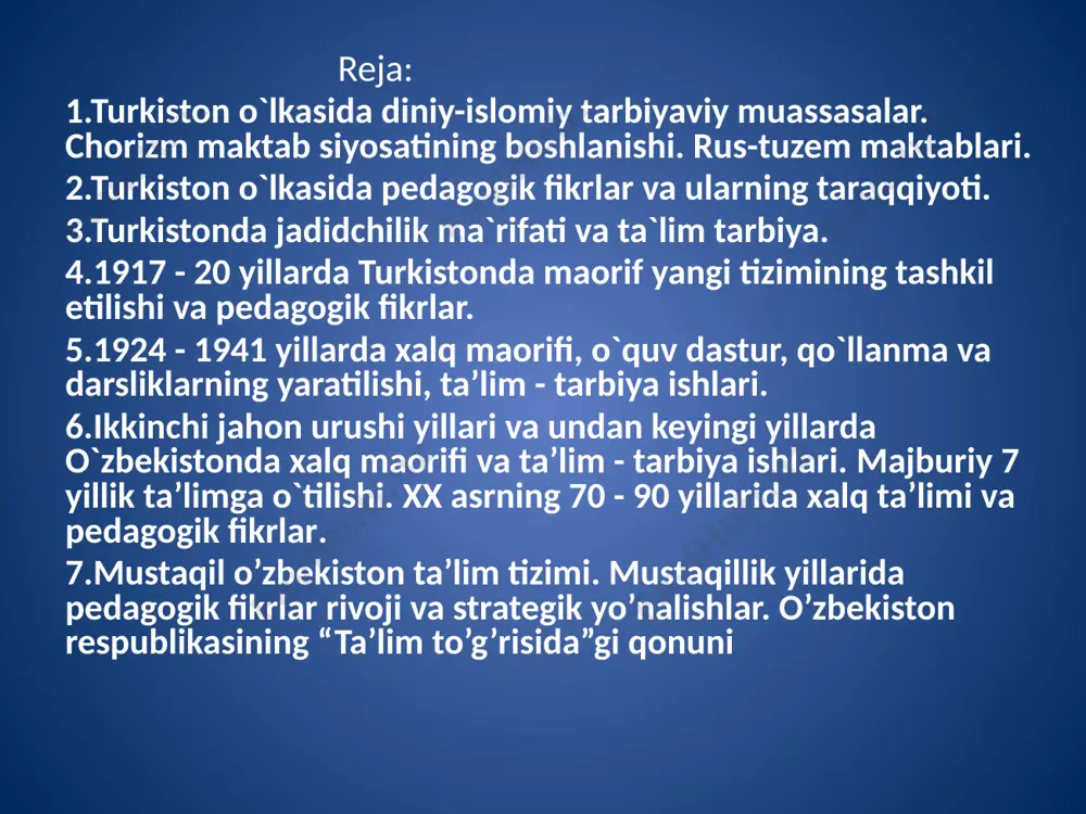 atta o`g`il bolalar qabul qilingan. 3-4 yil o`qilgan. qorixonalar madrasalar kabi vaqfga berilgan yer-joy, mollar hisobiga ta’minlangan. 1900 yili sirdaryo, farg`ona, samarqand viloyatida 333 ta qorixona bo`lib, 1203 o`quvchi o`qigan. daloilxonalar ham vaqf mablag`idan foydalangan, katta yoshdagi savodi chiqqan bolalar o`qigan. 1-2 oy qur’on suralari, keyin asosiy kitob «daloil ul-hayrat» yodlatilgan. bu xv asrda musulmon ulamolaridan sulaymon ibn yazuru tomonidan yozilgan asar bo`lib, unda payg`ambar va avliyolar hayoti yoritilgan. o`qish muddati aniq belgilanmagan, xotirasi yaxshilar 2-3 oyda, qolganlar 1 yil yoki ortiqda yod olishgan. maktab internat- o`rta madrasa bo`lib, bularda diniy va dunyoviy fanlar o`qitilgan, o`rta ma’lumot berilgan. toshkentda dastlabki rus maktabi 1866 yili ochiladi. bunday maktablarda ruslar bilan birga mahalliy bolalar ham qabul qilinardi. o`qish faqat rus tilida olib borilardi. rus o`rta o`quv yurtlari ham ochila boshladi. 1876 yil toshkentda erlar va xotin-qizlar gimnaziyalari, 1870 yil o`quvchilar seminariyasi ochildi. bularda diniy bilimlar o`qitilmasdi, shuning uchun mahalliy bolalar kam edi. …