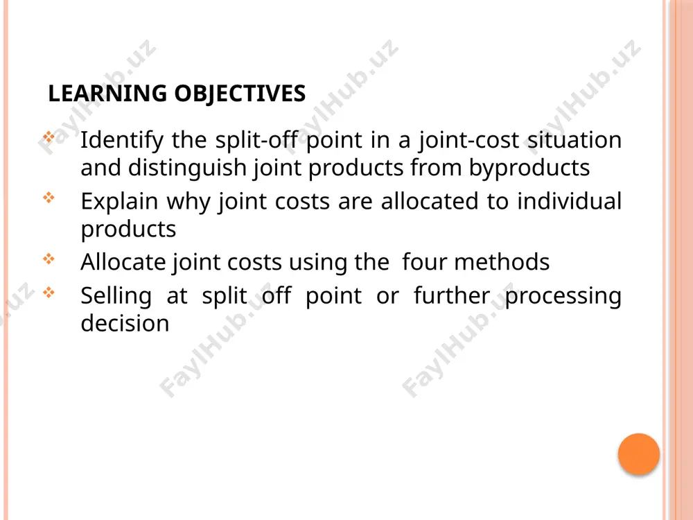 ntracting insurance settlements required for rate and price regulations litigation 6 by product cost accounting accounting for cost of by-products differs from accounting for cost of main products. by-products do not receive any joint cost allocation( their product cost is zero) they are reported at nrv( sales less selling cost) in one of the following two options: treat by-product net realizable value as other revenue. deduct by-product’s net realizable value from joint costs of main products so as to reduce the process costs . joint cost allocation methods there are four methods of joint cost allocation 1. physical measure method —allocate joint cost using physical attributes of the products, such as pounds, gallons, barrels, and so on market-based methods —allocate joint cost using market-derived data (birr): sales value at split-off net realizable value (nrv) constant gross-margin percentage 8 illustration- example assume the following data of 2010 for shola milk share …