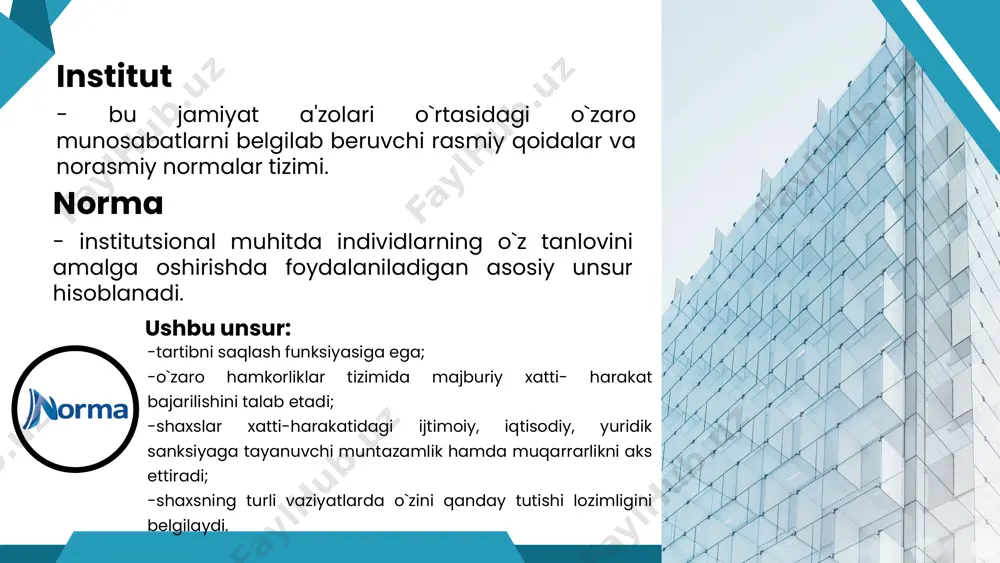 iyatnig institutsional matrisasi asosiy yondashuvlar k. polanyi va uning izdoshlari: jamiyat uchta asosiy mexanizm orqali faoliyat yuritadi: bozor, davlat va jamoa (an’ana, qadriyatlar). s.g. kirdina (rus iqtisodchisi) nazariyasiga ko‘ra, ikki asosiy turdagi institutsional matrisalar mavjud: x-matrisa (sharq modeli) – ko‘proq davlat va jamoaviy boshqaruvga tayangan tizim. y-matrisa (g‘arb modeli) – bozor mexanizmlari, xususiy mulk va shaxsiy manfaat ustuvor bo‘lgan tizim. institutsional matrisaning elementlari iqtisodiy institutlar – mulkchilik shakllari, bozor qoidalari, davlat tartibga solish usullari. ijtimoiy institutlar – oilaviy tuzilma, ta’lim, diniy va madaniy qadriyatlar. siyosiy institutlar – boshqaruv tizimi, huquqiy tartib, siyosiy partiyalar va boshqalar. yangi o'zbekiston ilmiy tadqiqotlar jurnali institutsional matritsa va uning amal qilishi usmonov murodbek dusmurot o‘g‘li, samisi, “raqamli iqtisodiyot” kafedrasi assistent-stajyori va boshqalar, 1-jild, 15-son (yoʻitj) sxemada tasvirlanganidek, “institutsional matritsa” jamiyatning iqtisodiy, siyosiy hamda ijtimoiy sohasida muhim ahamiyat kasb etuvchi tushuncha hisoblanadi. xususan, iqtisodiy va ijtimoiy sohaga keladigan bo’lsak, firmalarning o’zaro tashkiliy-huquqiy aloqalari o’rtasidagi aloqalarni tahlil …