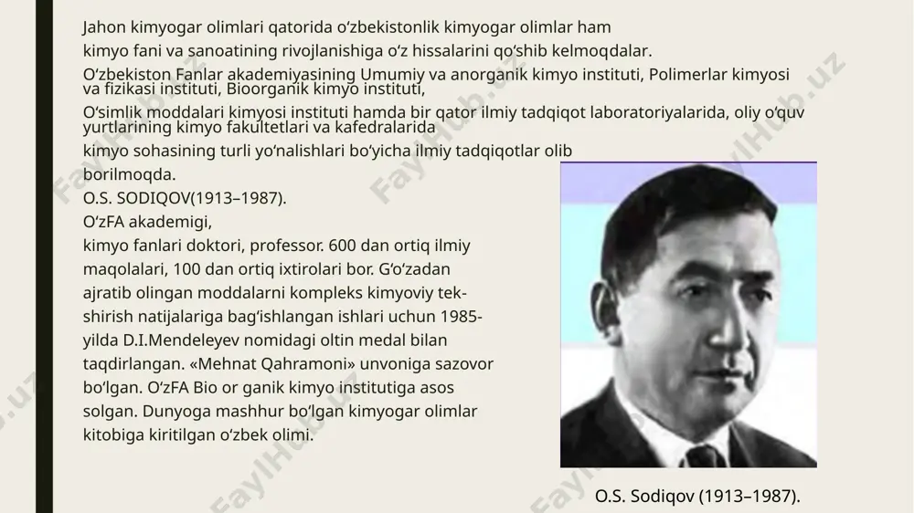 kimyoviy tahliliy usullar va diagnostika sohasidagi ishlari ancha muhim va chuqur ilmiy asosga ega. quyida u bu yo‘nalishda qilgan ishlarga aniqroq to‘xtalaman:---1. biokimyoviy markerlar asosida kasalliklarni aniqlash:yolqin to‘raqulov yurak, jigar va buyrak kasalliklarini erta aniqlash uchun biokimyoviy markerlar (masalan, alt, ast, kreatinin, karbamid, ldh, glukoza, xolesterin va boshqalar) asosida samarali diagnostika tizimlarini ishlab chiqqan.u bu markerlarning o‘zaro nisbatlari, ularning fermentativ faolligi va patologik holatlarda qanday o‘zgarishini chuqur tahlil qilgan. ayniqsa, yurak infarkti va gepatitlar kabi kasalliklarda fermentlar darajasidagi o‘zgarishlar diagnostik qiymatiga alohida e’tibor bergan. yolqin xolmatov to'raqulov a.p. ibragimov — o‘zbekiston faniga, xususan, biokimyo sohasiga katta hissa qo‘shgan olimlardan biri hisoblanadi. uning ishlari asosan o‘simlik biokimyosi, enzimologiya, hamda metabolik jarayonlarni chuqur o‘rganishga bag‘ishlangan. oziq-ovqat biokimyosi sohasidagi ishlari: ibragimov oziq-ovqat mahsulotlarining kimyoviy tarkibi, ularning fermentatsiyasi va biologik faol moddalar bilan boyitilishi bo‘yicha tadqiqotlar olib borgan. fermentlar va ularning faoliyati: u o‘z ishlarida fermentlarning metabolizm jarayonlaridagi rolini o‘rgangan, bu orqali turli kasalliklarning …