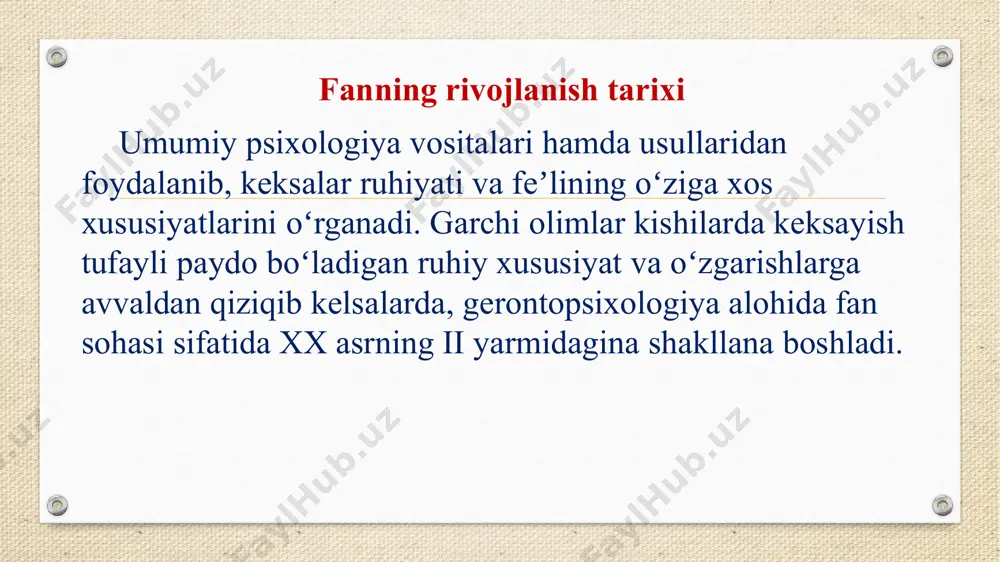 echikkan davriga kirib keladi. shu yoshdagi odamlarning yashash va mehnat qilish imkoniyati 75 yoshgacha uzayishi mumkin. bu hol aqliy mehnat bilan shug‘ullangan ziyoli odamlarda yaqqol ko‘zga tashlanadi. i.v.davidovskiyning fikricha, uzoq umr ko‘ruvchilar asosan faol, harakatchan odamlar bo‘lib, havodan erkin nafas olishni juda yoqgiradilar, organizm faoliyatiga daxldor kasalliklardan holi bo‘ladilar. grekov so`z metodi assotsiyatsiyasi asosida xotira jarayonining xususiyatlarini o`rgangan. uning ma`lumotlari quyidagicha: 1. 70 dan 80 gacha bo`lgan keksalarda xotira ( mexanik xotira) zaiflashadi; 2. 70 dan 80 gacha bo`lgan keksalarda mantiqiy-ma`noli xotirada miqdorning ahamiyati saqlanadi; 3. obrazli xotira zaiflashadi; 4.70-89gacha yoshlarda xotiraning barqarorlik negizida ma`noning ichki aloqadorligi yotadi; 5. uzoq muddatli xotira kuchsizlanadi; 6. 90 yoshda nutqning ichki bog`lanishi buziladi; 7. xotiraning obrazli-hissiy turlari nutqning tuzilishiga bo`ysunmay qoladi. p.p.lazerev 1928 yilda umr o‘tishi bilan ko‘ruv apparati markaziy etnologiyasining xiralashuvini aytgan edi. 1967 yilda amerikalik psixolog gregori bu fikrni tajribadan o‘tkazdi, inson keksayishi bilan retseptor apparatining optik funksiyasi zaiflashizhi, ko‘ruv sezgisi …