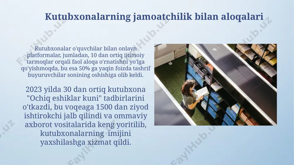 ejimlarda 24/7 kirish imkoniyatini ta'minlash uchun yangi texnologiyalar, jumladan, elektron kataloglar va elektron resurslar bazalari joriy etilmoqda. kutubxona xodimlarining malakasini oshirish uchun yiliga 1000 dan ortiq xodim zamonaviy kutubxona xizmatlari va axborot texnologiyalari bo'yicha qayta tayyorlanmoqda, bu esa foydalanuvchilarga yuqori sifatli xizmat ko'rsatish imkonini beradi. zamonaviy texnologiyalarni joriy etish oʻzbekiston kutubxonalarida 2023-yildan boshlab 500 dan ortiq elektron resurslar, jumladan, e-kitoblar va ma’lumotlar bazalariga kirish imkoniyati ta’minlandi. "elektron kutubxona" platformasi orqali 15 mingdan ziyod oʻquvchi masofadan turib kutubxona xizmatlaridan foydalanmoqda, bu esa foydalanuvchilar sonini sezilarli darajada oshirdi. kutubxona fondini boyitish va diversifikatsiya qilish kutubxonalar fondini 2023-yilga kelib 15% ga ko‘paytirish maqsadida, elektron resurslar soni hamda chet tillardagi adabiyotlar ulushini 30% ga oshirish rejalashtirilgan. bolalar adabiyoti fondini 25% ga kengaytirish bilan birga, interaktiv o‘quv materiallarini sonini 1000 taga yetkazish va bolalar kutubxonalarini zamonaviy jihozlar bilan ta’minlash ko‘zda tutilgan. kutubxona infratuzilmasini modernizatsiya qilish kutubxonalarning 50% dan ortigʻida wi-fi tarmoqlari va elektron resurslarga kirish …