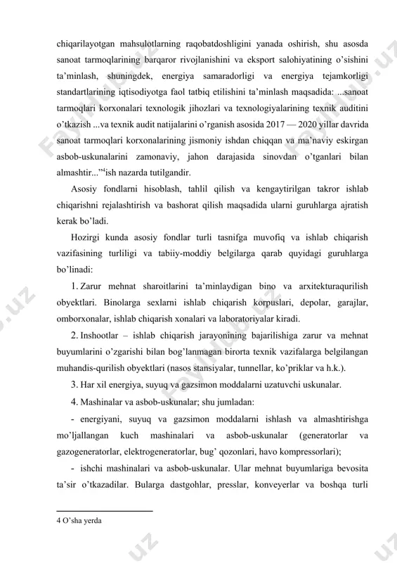3. har xil energiya, suyuq va gazsimon moddalarni uzatuvchi uskunalar. 4. mashinalar va asbob-uskunalar; shu jumladan: · energiyani, suyuq va gazsimon moddalarni ishlash va almashtirishga mo’ljallangan kuch mashinalari va asbob-uskunalar (generatorlar va gazogeneratorlar, elektrogeneratorlar, bug’ qozonlari, havo kompressorlari); · ishchi mashinalari va asbob-uskunalar. ular mehnat buyumlariga bevosita ta’sir o’tkazadilar. bularga dastgohlar, presslar, konveyerlar va boshqa turli yordamchi asbob-uskunalar: o’lchov va to’g’rilash asbobuskunalari, laboratoriya asboblari, hisoblash mashinalari, kompyuterlar kiritiladi. 5. transport vositalari. 6. har xil asboblar. 7. ishlab chiqarish inventarlari. 8. xo’jalik inventarlari. 9. boshqa asosiy fondlar. 10-jadval sanoat ishlab chiqarish asosiy fondlarining turlari va sanoat tarmoqlari bo’yicha tarkibi[footnoteref:5] (2015 yil oxiriga foizda) [5: ўзбекистон саноати. статистик тўплам. ўзбекистон республикаси давлат статистика қўмитаси. тошкент 2016. б.62-64. ] sanoat tarmoqlari bino lar insho- otlar uzatish moslama lari mashina va usku nalar transport vositlari boshqa asosiy fondlar butun sanoat 13,1 22,1 12,9 45,4 5,5 1,1 shu jumladan elektro energetika 18,5 8,1 34,9 36,9 …