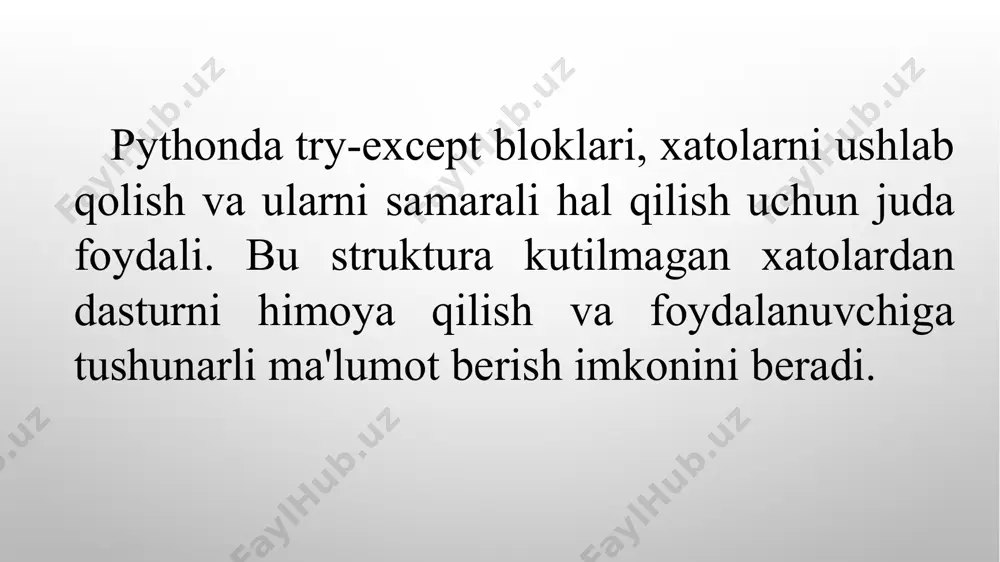 i tanasida esa xatolik yuz berganda bajarilishi kerak bo'lgan kod yoziladi. demak xulosa qiladigan bo’lsak pythonda else operatori try-except bloklari bilan birgalikda ishlatilishi mumkin. else operatori, faqat try blokida xato yuz bermagan holatlarda bajariladi. bu, xatolar yo'qligida qo'shimcha bajarilishi kerak bo'lgan amallarni joylashtirish uchun foydali. pythonda else operatori try-except-else bloki try: son1 = int(input("birinchi sonni kiriting: ")) son2 = int(input("ikkinchi sonni kiriting: ")) natija = son1 / son2 except zerodivisionerror: print("xatolik: nolga bo'lish mumkin emas!") except valueerror: print("xatolik: iltimos, son kiriting!") else: print("natija:", natija) try: text = input('nimadir kiriting ==> ') except eoferror: print('nega eof qildigiz?') except keyboardinterrupt: print('siz amallarni bekor qildingiz.') else: print('siz {0} kiritdingiz.'.format(text)) natija: $ python try_except.py nimadir kiriting → # ctrl + d ni bosing nega eof qildingiz? $ python try_except.py nimadir kiriting → # ctrl + c ni bosing siz amallarni bekor qildingiz. $ python try_except.py nimadir kiriting → xatosiz siz xatosiz kiritdingiz. try-except-else-finally kombinatsiyasi …