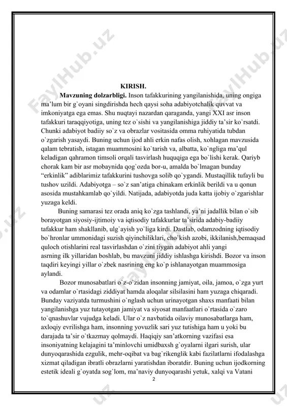 o`zbek nasrining eng ko`p ishlanayotgan muammosiga aylandi. bozor munosabatlari o`z-o`zidan insonning jamiyat, oila, jamoa, o`zga yurt va odamlar o`rtasidagi ziddiyat hamda aloqalar silsilasini ham yuzaga chiqaradi. bunday vaziyatda turmushini o`nglash uchun urinayotgan shaxs manfaati bilan yangilanishga yuz tutayotgan jamiyat va siyosat manfaatlari o`rtasida o`zaro to`qnashuvlar vujudga keladi. ular o`z navbatida oilaviy munosabatlarga ham, axloqiy evrilishga ham, insonning yovuzlik sari yuz tutishiga ham u yoki bu darajada ta’sir o`tkazmay qolmaydi. haqiqiy san’atkorning vazifasi esa insoniyatning kelajagini ta’minlovchi umidbaxsh g`oyalarni ilgari surish, ular dunyoqarashida ezgulik, mehr-oqibat va bag`rikenglik kabi fazilatlarni ifodalashga xizmat qiladigan ibratli obrazlarni yaratishdan iboratdir. buning uchun ijodkorning estetik ideali g`oyatda sog`lom, ma’naviy dunyoqarashi yetuk, xalqi va vatani oldidagi mas’uliyati barqaror bo`lishi kerak. mavzuning o`rganganlik darajasi. istiqlol adabiyotining estetik va bugungi adabiyotshunosligi, adabiy tanqidchiligining eng dolzarb, eng ommabop mavzusi bo`lganligi sababli o`zbek adabiyotshunosligida mustaqillk she`riyatining bir qator o`ziga xos tomonlarini ilmiy-nazariy jihatdan o`rganuvchi fundamental tadqiqotlar yaratilgan. adabiy tanqidning nazariy masalalariga …