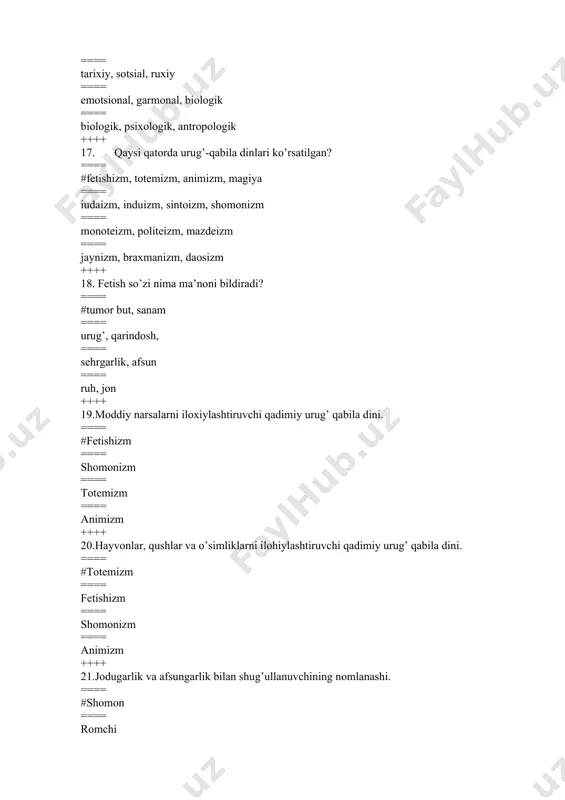 20 yil ==== 18 yil ==== 15 yil ++++ 40.muhammad payg’ambarni chaqoloqlik davrida o’z tarbiyasiga olgan ayol kim edi? ==== # xalima ==== maryam ==== fotima ==== xadicha ++++ 41. shariat qonun-qoidalarini o’rganuvchi fan. ==== # fiqh ==== astrologiya ==== kosmogoniya ==== dinshunoslik ++++ 42. islom dinida iymonning nechta aqidasi mavjud? ==== # 7 ta ==== 5 ta ==== 6 ta ==== 4 ta ++++ 43. imom a’zam yoki abu xanifiya kim? ==== # xanafiya mazxabi asoschisi ==== xanbaliya mazxabi asoschisi ==== shofeiya mazxabi asoschisi ==== molikiya mazxabi asoschisi ++++ 44. korrupsiyaga qarshi kurashish to‘g‘risidagi o‘zbekiston respublikasining qonuni necha moddadan iborat? ==== 42 modda. ==== 25 modda. ==== 37 modda. ==== # 34 modda. ++++ 45. korrupsiyaga qarshi kurashish to‘g‘risidagi o‘zbekiston respublikasining qonuni qachon qabul qilingan? ==== 2016 yil 24 noyabr. == #2017 yil 3 yanvar. ==== 2017 yil 20 aprel. ==== 2016 yil 13 dekabr. ++++ 46. korrupsiyaga qarshi …