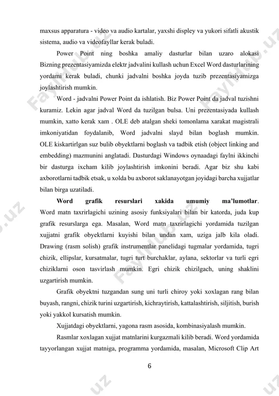 , siljitish, burish yoki yakkol kursatish mumkin. xujjatdagi obyektlarni, yagona rasm asosida, kombinasiyalash mumkin. rasmlar xoxlagan xujjat matnlarini kurgazmali kilib beradi. word yordamida tayyorlangan xujjat matniga, programma yordamida, masalan, microsoft clip art grafik bibliotekasidan olingan rasmlarni, shuningdek, iste’molchi barpo etgan rasmlarni kuyishi mumkin. kiritish mexanizmi va ole 2.0 dasturi yordamida windows muxitida obyektlarni boglash, namoyish kilishni kayta ishlanishini ancha kiskartirib beradi. word xujjatiga rasmlarni va illyustrasiyani sozlashda obyekt bilan bir katorda formatlar xakidagi programma-manba’dagi ma’lumotlar saklanadi. bu ma’lumot obyektni uzgartirish zarur bulib kolganda programma murojaat etgan xolda uni uzgartishi mumkin buladi.obyektga tugmani 2 marta bosilganda programma manba’ni yurgizishga va obyektni yuklashga olib keladi.obyektlarni kiritish microsoft office bilangina emas, balki microsoft graph, equation editor, microsoft map kabi programmalar bilan xam amalga oshiriladi.agar word xujjatlarida jadval, diagrammalar bulsa, ularni microsoft graph chart yordamida tuzish va kiritish mumkin.ms word 7.0 programmasi, maxsus effektli matnlarni, matematik ifodalarni barpo etishda yordam beruvchi ilovani uz ichiga …