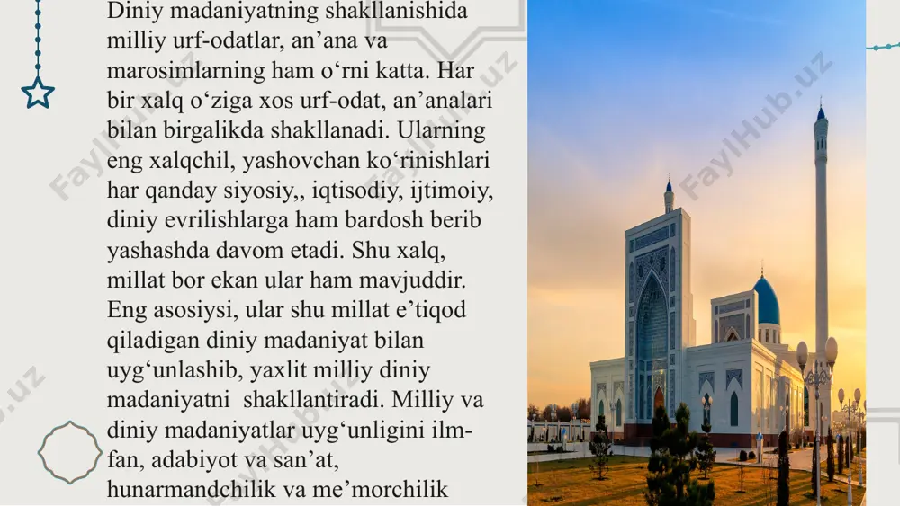 dunyoviy ilmlar uyg‘unligi tashkil etib , ularning ilmiy merosi , falsafiy qarashlarini o‘rganish milliy taraiiiyotimizda muhim omil bo‘lib xizmat qiladi . xullas , din hamisha muayyan ijtimoiy , etnik va ma’naviy hayotning o‘z ta’sirida bo‘lishiga intiladi . bu ta’sirning muntazamligini ta’minlash maqsadida din xalqlarning ijtimoiy hayotiga , axloqiy munosabatlariga , shuningdek adabiyoti va san’atiga ham ta’sir o‘tkazadi . o‘z navbatida , muayyan din ta’sirida bo‘lgan millat mutafakkirlari o‘zining ilmiy , ijodiy faoliyati bilan diniy madaniyat taraqqiyotiga o‘z hissalarini qo‘shishadi . bunga yurtimizdan yetishib chiqqat buyuk allomalarning islom madaniyatiga qo‘shgan buyuk hissalari yorqin misoldir . style.visibility ppt_x diniy urf-odatlarnnig shaxs dunyoqarashi va tafakkuriga ta’siri . 02 style.visibility style.visibility yurtimizga islomning kirib kelishi xalqimizning ma’naviyati boyib borishiga , ularning o‘zligini saqlab qolishlariga , diniylik va dunyoviylik uyg‘unligiga asoslangan umuminsoniy axloqiy fazilatlarning shakllanishiga keng imkoniyatlar yaratdi . shuningdek , markaziy osiyoda islom dinining yoyilishi hamda u bilan bog‘liq bo‘lgan diniy rasm-rusumlar , shariat …