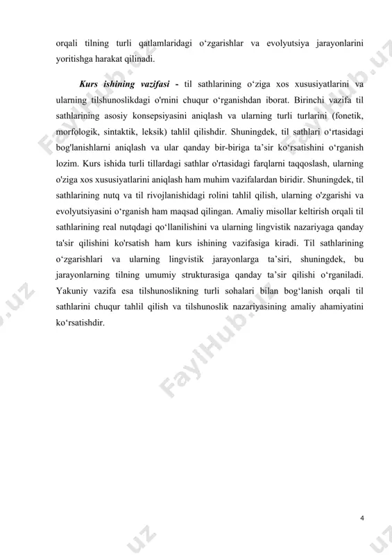 mladan, subyekt, predikat, ob'ekt kabi grammatik kategoriyalarni o‘rganadi va so‘zlarning bir-biriga qanday bog‘lanishini aniqlaydi. sintaksisning asosiy nazariyasi shundaki, tilda har bir so‘z o‘z o‘rniga ega bo‘lgan va ma'no yaratishda alohida ahamiyatga ega bo‘lgan birikmalarni hosil qiladi. tilning sintaktik tizimi grammatik qonunlar asosida quriladi va bu tizim so‘zlar o‘rtasidagi mantiqiy bog‘lanishlarni ta'minlaydi. semantika tilning ma'no jihatlarini o‘rganadi. semantik sathda so‘zlarning bir nechta ma'nolarga ega bo‘lishi (polisemantizm), semantik to‘ldirish (sinonimlar, antonimlar, hiponimlar) kabi fenomenlar tahlil qilinadi. semantika nafaqat so‘zning bevosita ma'nosini, balki kontekstga qarab uning ma'nosi qanday o‘zgarishini ham ko‘rib chiqadi. semantik tahlil so‘zlarning ma'no qatlamlari, ularning kontekstga mos kelishi va ko‘p ma'nolilik kabi tushunchalarni o‘z ichiga oladi. shuningdek, semantik tahlil tilning mantiqiy strukturasi, ya'ni ishonch, shubha, tasdiqlash kabi ma'nolarni qanday ifodalashi haqida ham muhim ma'lumotlar beradi. pragmatika tilning foydalanuvchisi tomonidan qanday ishlatilishini va kontekstga bog‘liq holda so‘zlarning qanday ma'no olishini o‘rganadi. bu sathda so‘zlarning ma'nosi faqat grammatik qoidalar bilan emas, balki …