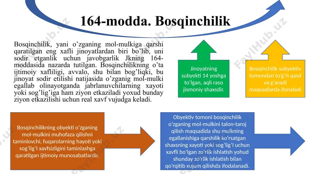 tomondan tovlamachilik jabrlanuvchi yoki uning yaqin kishilariga zo‘rlik ishlatish, mulkka shikast yetkazish yoki uni nobud qilish yoxud jabrlanuvchi uchun sir saqlanishi lozim bo‘lgan ma’lumotlarni oshkor qilish bilan qo‘rqitib, o‘zgadan mulkni yoki mulkiy huquqni topshirishni, mulkiy manfaatlar berishni yoxud mulkiy yo‘sindagi harakatlar sodir etishni talab qilish yoxud jabrlanuvchini o‘z mulki yoki mulkka bo‘lgan huquqini berishga majbur qiladigan sharoitga solib qo‘yishda ifodalanadi. subyektiv tomondan tovlamachilik to‘g‘ri qasd bilan sodir etiladi. bunda aybdor jabrlanuvchidan mol-mulkni yoki mulkka bo‘lgan huquqni o‘ziga yoki boshqa shaxsga berishni qo‘rqitish bilan talab qilishi asoslanmaganligini va g‘ayriqonuniyligini biladi. jinoyatning subyekti 14 yoshga to’lgan, aqli raso jismoniy shaxsdir. 166-modda. talonchilik talonchilikning bevosita obyekti o‘zganing mol-mulkini muhofaza qilishga qaratilgan ijtimoiy munosabatlar va shu mulkka bo‘lgan mulk huquqi hisoblanadi. talonchilik hayot va sog‘liq uchun xavfli bo‘lmagan zo‘rlik bilan yoki shunday zo‘rlikni ishlatish bilan qo‘rqitish yordamida amalga oshirilishi mumkin bo‘lib (jkning 166-moddasi 2-qismi «a» bandi), alohida jinoyiy-huquqiy muhofaza holatlarida fakultativ obyekt jabrlanuvchining sog‘ligi …