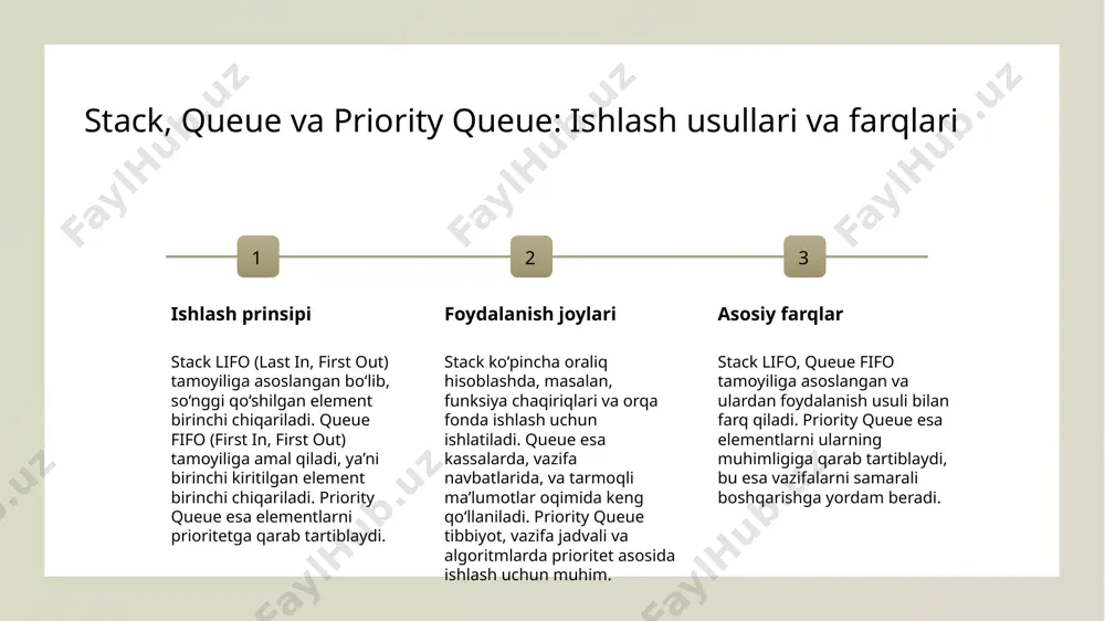 arqarorlik ko‘p hollarda konteyner adapterlarining qiyinchiliklari, masalan, ma’lumotlar oqimini nazorat qilishda muvofiqlik va optimallashtirish muammolaridir. bu jarayonlar samaradorlikni pasaytirishi mumkin. adapterlarning ishlashini yaxshilash uchun, ma’lumotlarni tartibga solish va qattiq algoritmlardan foydalanish, yirik ma’lumotlar bilan ishlashda muhim ahamiyatga ega. kontener adapterlari xavfsizlikni ta’minlash uchun, muvofiqlik va xatoliklarni aniqlash tizimlarini joriy qilish, shuningdek, bo‘linmalarni optimallashtirish zarur. dastur ishlab chiqishda konteyner adapterlarining performans va xavfsizlik aspektlari 1 ishlash samaradorligi konteyner adapterlarining performansi dastur tezligini va resurslardan foydalanishni belgilaydi. optimal tanlov algoritmik samaradorlikni oshiradi. 2 xavfsizlik muhimligi xavfsizlik, ma'lumotlarning buzilmasligi va noto'g'ri ishlashdan himoya qilish uchun muhim. to'g'ri implementatsiya xavfsizlikni ta'minlaydi. 3 resurslar bilan ishlash adapterlar resurslarni, xususan xotira va protsessorni, samarali boshqarishi kerak. bu dastur barqarorligi va kengaytirilishini ta'minlaydi. xulosa 1 ma'lumotlarni boshqarishning muhimligi kontayner adapterlari dasturda ma'lumotlarni muvofiqlik bilan boshqarishda muhim rol o'ynaydi, ular algoritmlar va tizimlarning samaradorligini oshiradi, resurslarni tejaydi. 2 ishlash prinsiplari va farqlari stack, queue va priority_queue har biri …