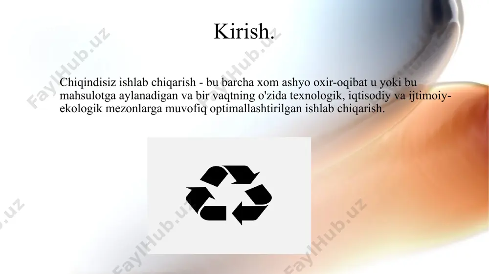 i qo'llashning energetik texnologik jarayonlarini yaratish; birlik quvvatini oshirish (optimalgacha); ishlab chiqarish jarayonlarini intensivlashtirish, ularni optimallashtirish va avtomatlashtirish; chiqindilarsiz va kam chiqindilar texnologiyasining asosiy yo'nalishlari. ayrim sanoat tarmoqlarida chiqindisiz va kam chiqindilar bilan ishlaydigan texnologiyalarning asosiy mavjud yo'nalishlari va rivojlanishi: energiya. konchilik. metallurgiya: qora va rangli metallurgiya kukunli metallurgiya. energiya. masalan, yoqilg'ini yoqishning yangi usullaridan foydalaning, masalan, chiqindi gazlar tarkibidagi ifloslantiruvchi moddalarning miqdorini kamaytirishga yordam beradigan, gaz chiqindilaridan oltingugurt va azot oksidlarini yo'q qilish bo'yicha ishlanmalarni joriy qilgan holda, suyuq yotoqli yonish; changni tozalash uskunalarini eng yuqori samaradorlik bilan ishlashiga erishish uchun, hosil bo'lgan kul esa qurilish materiallari ishlab chiqarishda va boshqa sohalarda xom ashyo sifatida samarali ishlatilishi mumkin. rutil ishlab chiqarishning chiqindisiz texnologiyasi ishlab chiqilgan (kvantli yorug'lik generatorlarida foydalanish mumkin). konchilik. tog'-kon sanoatida quyidagilar zarur: chiqindilarni to'liq qazib olish uchun ishlab chiqilgan texnologiyalarni, ham ochiq usulda, ham yer osti qazib olish usulida joriy etish; foydali qazilma konlarini o'zlashtirish uchun …