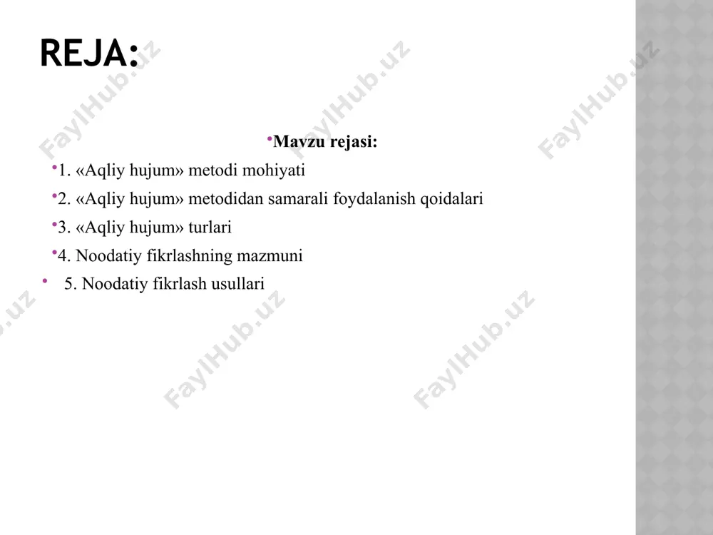 dan sоdir etilishiga erishiladi. abc aqliy hujumi (abc brainstorming) ushbu tur klassik aqliy hujumni qo‘shimcha qoida bilan to‘ldiradi, unda har bir mashg‘ulot buyurtma qilingan tartib asosida o‘tishi kerakligi aytiladi. abc alifboning har bir harfini harflardan biridan boshlangan mos keladigan g‘oyalarga berishga harakat qiladi. elektron aqliy hujum (electronic brainstorming) raqamli yo‘naltirilgan miya hujumi dasturiy ta‘minot yoki shunga o‘xshash muqobil platformalar bilan birgalikda eng yaxshi darajada ishlaydi. bunday dasturlar o‘z hamkasblarini birlashtirib, o‘zlarining g‘oyalarini qisqa postlar shaklida tezkor so‘rovlarga imkon beradi. qisqa vaqt ichida muddatlarni belgilashda ishchilar o‘z-o‘zidan reaksiya ko‘rsatishga majbur. miya yozuvi (brainwriting) klassik aqliy hujumdan farqli o‘laroq, miya yozuvi jamoaviy dinamizmga zarar yetkazish uchun shaxsiy g‘oyalarni yozishni va keyinchalik to‘plashni o‘z ichiga oladi. belgilangan vaqtdan so‘ng, tashkil etuvchi har bir kishi yozgan narsalarni to‘playdi va yozuvlar ko‘rib chiqiladi va baholanadi. bo’sh daftar usuli (blank notebook method) daftarlar aqliy hujumlar uchun juda mos keladi, ularni to‘liq bajarish uchun ancha vaqt talab …