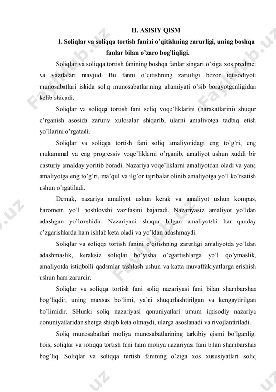 damental asosini yaratuvchi omillar, ayni paytda uning qismatini ham belgilaydi. mazkur ta’kiddan kelib chiqib, ana shu bazisning oqilona asosini shakllantiruvchi soliq hamda uning tizimini jamiyat tarixi taraqqiyotida tutgan rolini ko’zdan kechiradigan bo’lsak, o’ziga xos dastak ekanligini ilg‘ash qiyin emas. chunki, har qanday jamiyat o’zining xususiyati va tabiatiga ko’ra, bu jarayonga hamohangdir. g‘oyat ma’suliyatli, o’z navbatida o’ta yuqori darajadagi ehtiyojni o’zida ifodalagan soliqlarning o’ziga xos rivojlanishi natijasida ularning jamiyat taraqqiyotida yangi qirralari, imkoniyatlari ortib bordi. “soliq nazariyasi” fani soliqlarning nazariy jihatlarini, xususiyatlarini o’rganishdagi asosiy fan hisoblanadi. fanning predmetiga to’xtalishdan oldin “soliq” kategoriyasiga qisqacha to’xtalib o’tadigan bo’lsak, “soliq” kategoriyasi - bu muhim iqtisodiy jarayon bo’lib, uning paydo bo’lishi va amal qilishi kishilik jamiyatining mavjudligi bilan chambarchas bog‘liqdir. soliqlar har bir davlat faoliyatini moddiy jihatlarini ta’minlaydi. iqtisodiyotni davlat tomonidan tartibga solishning muhim vositasi hisoblanadi. amaliyotda va umuman iqtisodiy fanda soliqlarning mohiyatiga nisbatan turlicha qarashlar mavjud. shu sababli, ushbu kategoriya har bir davlat tomonidan …