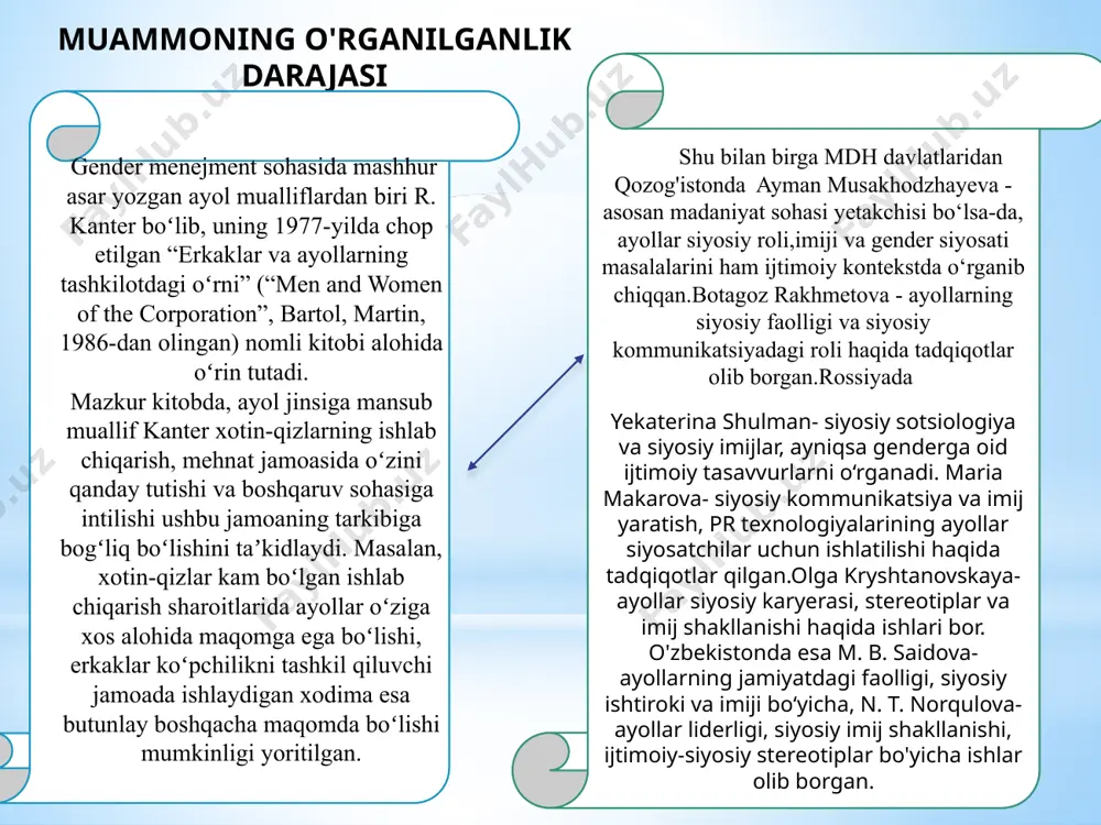 86-dan olingan) nomli kitobi alohida oʻrin tutadi. mazkur kitobda, ayol jinsiga mansub muallif kanter xotin-qizlarning ishlab chiqarish, mehnat jamoasida oʻzini qanday tutishi va boshqaruv sohasiga intilishi ushbu jamoaning tarkibiga bogʻliq boʻlishini taʼkidlaydi. masalan, xotin-qizlar kam boʻlgan ishlab chiqarish sharoitlarida ayollar oʻziga xos alohida maqomga ega boʻlishi, erkaklar koʻpchilikni tashkil qiluvchi jamoada ishlaydigan xodima esa butunlay boshqacha maqomda boʻlishi mumkinligi yoritilgan. shu bilan birga mdh davlatlaridan qozog'istonda ayman musakhodzhayeva - asosan madaniyat sohasi yetakchisi bo‘lsa-da, ayollar siyosiy roli,imiji va gender siyosati masalalarini ham ijtimoiy kontekstda o‘rganib chiqqan.botagoz rakhmetova - ayollarning siyosiy faolligi va siyosiy kommunikatsiyadagi roli haqida tadqiqotlar olib borgan.rossiyada yekaterina shulman- siyosiy sotsiologiya va siyosiy imijlar, ayniqsa genderga oid ijtimoiy tasavvurlarni o‘rganadi. maria makarova- siyosiy kommunikatsiya va imij yaratish, pr texnologiyalarining ayollar siyosatchilar uchun ishlatilishi haqida tadqiqotlar qilgan.olga kryshtanovskaya- ayollar siyosiy karyerasi, stereotiplar va imij shakllanishi haqida ishlari bor. o'zbekistonda esa m. b. saidova-ayollarning jamiyatdagi faolligi, siyosiy ishtiroki va imiji …