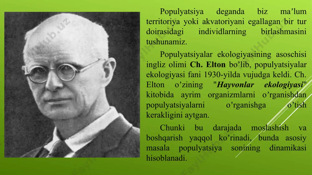 ich sodda),ekalogik va jo’g’rofik populyatsiyalar. ularning qisqacha ta’rifi quyidagicha; 1) elementar populyatsiya-bu uncha katta bo’lmagan, bir xil joyda uchradigan yig’indisi. agar biogeotsenoz ichida yashash sharoiti xar xil bo’lsa, papulyatsiyalarning soni ko’p bo’ladi va ko’p sonli papulyatsiyalar hosil qiladi.bir xil sharoitda bunday holat kam bo’ladi; 2) ekologik populyatsiya sodda ,elementar populyatsiyala yig’indisidan hosil bo’ladi. ular ma’lum biogetsenozdan, tur ichidagi guruhlardan yuzaga keladi. masalan, olmaxonning “qarag’ay”, “qora qarag’ay”, “oq qarag’ay” kabi populyatsiyalari uchraydi. lekin, bu populyatsiyalar bir –biridan keskin chegaralanmaydi, ular o’rtasida genetik informatsiya tez-tez o’tib turadi. 3) jo’g’rofiki populyatsiuya-ekologik populyatsiyalarni o’z ichiga oladi, bir xil jo’g’rofik sharoit va hududda uchraydi. lekin jo’g’rofik ppulyatsiyalar yetarli darajada bir-biridan chegaralangan bo’lib o’lchamlari, ko’payish qobiliyatlari ekologik moslashishlari, fizologik va xulqiy xususiyatlari bilan farqlanadi. populyatsiyaning etologik tuzilishi. populyatsiyaning etologik tuzilishi, uning a’zolari o’rtasidagi qonuniy aloqalar bo’lib, uning asosida hayvonlar xulqlarini o’rganadigan ish yotadi. hayvonlarni xulqi bu populyatsiya a’zolarining birining ikkinchisiga bo’lgan munosabatidir. hayvonlar turlari yakka-yakka va …