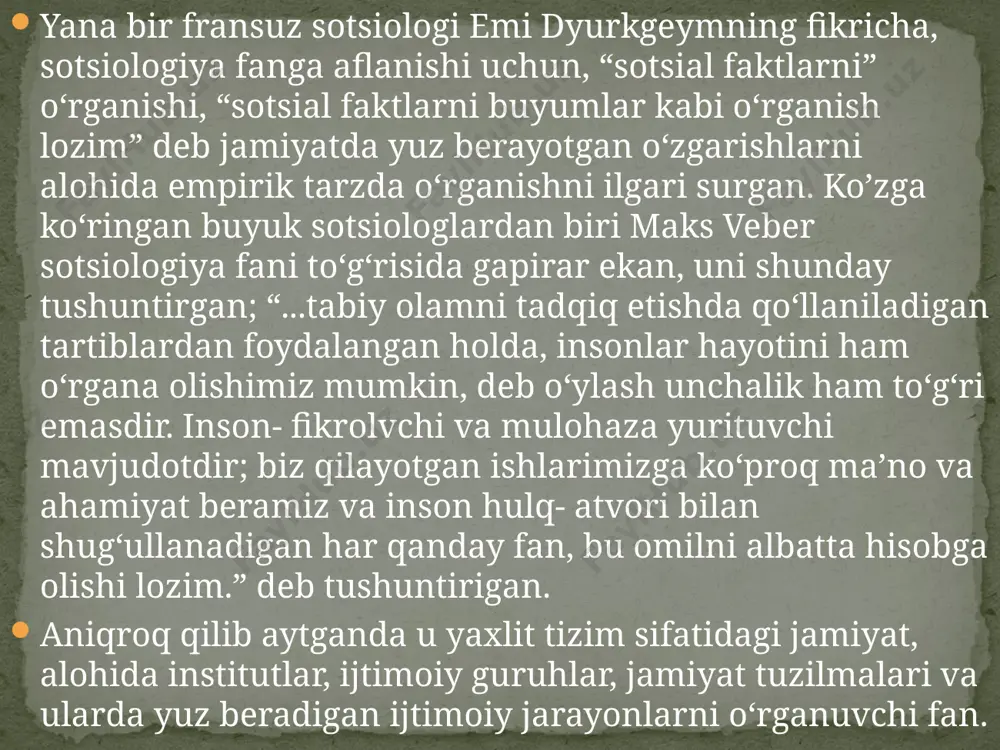 ning o‘ziga xos sohasi sotsial reallik bo‘lib, u inson va jamiyat munosabatining ijtimoiy-madaniy muayyanligidir. shu boisdan ham jamiyatdagi ijtimoiy aloqalar, ijtimoiy hamkorliklar, ijtimoiy munosabatlar va ularning o‘zaro tashkil etilish usullari sotsiologiyaning ob’ekti bo‘ladi. insonlar o‘zaro aloqalarga, hamkorlik munosabatlariga kirishishlari orqaligina muayyan ijtimoiy xususiyatlarni namoyon etish imkoniyatlariga ega bo‘ladilar. o.kont fikricha, ob’ekt va predmet qarama-qarshiliklardan iborat. sotsiologiya ijtimoiy hayot jarayonlarini 3 bosqichda o‘rganadi: aniq- empirik xususiy umumiy antik dunyo sotsialogiyasini yuzaga kelishi taraqiyot tendensiyalari hususiyatlaridan kelib chiqqan holda uni shartli ravishda quydagicha guruhlash mumkin . 1.eng qadimgi grek sotsialogiya maktabi .bu guruhga eramizdan avvalgi xiiasrda yashab ijod etgan gomerdan boshlab eramizdan oldingi vi asrgacha amal qilgan milet (kichik osiyodagi eng yirik shaxar) maktabi vakillari (fapes,anaksimader,anaksimen) hamda gretsiyaning turli shaxarlarida yashab faoliyat yuritgan ksenofan pifagorning sotsiologik qarashlarini kiritish mumkin. 2.grek demokratiyasi ravnaqi davri sotsiologiyasi.bu bosqich jamiyatshunoslari safiga geraklit,parmenid,zenon,empedokl,anaksagor,protagor,gorgiy va boshqalarni kiritish mumkin. 3.antik dunyo olamining > bu davrdagi sotsiologik qarashlarni ilgari surgan …