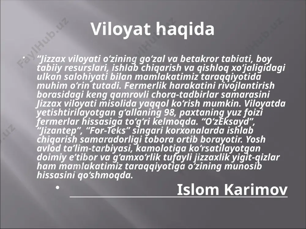 xir duldoy edi. semiz etlar va mayda etmaklar arzon, chuchuk kovunlar va yaxshi uzumlar farovon... umrumizda muncha farogat kilmaydur eduk, muddatulumr omonlig va arzonlig kadrini bilmaydur eduk ("boburnoma", t., 1989, 86-bet), suzlari jizzaxda chorva, bogdorchilik va poliz maxsulotlarining boy va arzonligi, xalkining mexmondustligiga ishoradur. jizzax voxasi temuriylar davrida yuksaladi. elda arzonchilik barkaror buldi. ammo xvi—xix asrlarda juda kup jangu jadallar, talonchiliklarni boshdan kechirdi. mugullar davrida inkirozga yuz tutgan kurgonlar, istexkomlar shayboniyxon davridan boshlab vayron bula bordi. ayniksa fsodallar, xokimlar urtasidagi uzaro urushlar, dashti kipchok xonlarining boskinlari, abdullaxon, imomkulixon xukmronligi yillarida tuknashuvlarning ogir zarbalari, solik, va ulpon tulovlari jizzax voxasi xalkiga juda kimmatga tushdi. xususan, 1571 yilda abdullaxonning dashti kipchok xoni boboxon va toshkent xokimi darvishxonga karshi jizzaxdagi beadad tuknashuvi juda talafotli buldi. kariyb ikki yuz minglik kushinlar jizzax xududida kirginbarot jang kilishdi. ming-minglab insonlar koni tukildi. sangzor kon bilan loykalandi. ushbu jangdan sung abdullaxon temir darvozadagi koyatoshga "tarix" yozdirdi. xonliklar …