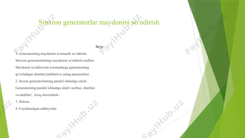 latining kuyib ketishining oldini olish uchun generatorning maydonini tez soʻndirish zarur boʻladi. shunday qilib, generatorlarning ichida qisqa tutashuv sodir boʻlsa, ularni tashqi tarmoqdan uzibgina qolmay, balki uygʻotishning mygnit maydonini tez soʻndirish kerak boʻladi, bu generatorning eyuk kamayishiga va yoyning soʻnishiga olib keladi.. maydonni soʻndirish uchun generatorning rotor choʻlgʻamini uygʻotgichdan uzish kerak. biroq bunda rotor choʻlgʻamining katta induktivligi tufayli uning qisqichlarida, izolyatsiyani teshishi mumkin boʻlgan katta oʻta kuchlanish hosil b oʻlishi mumkin. shuning uchun maydonni shunday soʻndirish kerakki, uygʻotgichni manbadan uzish bilan bir vaqtda generator qisqichlaridagi oʻta kuchlanish belgilangan kattalikdan oshmasdan turib, uning rotor choʻlgʻamidagi magnit maydoni energiyasining tez soʻndirilishiga erishish kerak. hozir generatorning quvvatiga va uning uygʻotish tizimining xususiyatiga qarab, magnit maydonini soʻndirishning uch usulidan foydalaniladi: soʻndiruvchi (aktiv) qarshilikka rotor choʻlgʻamini tutashtirish; rotor choʻlgʻamining zanjiriga tez ishlovchi avtomatning yoy soʻndiruvchi panjarasini ulash; uygʻotgichni teskari qilib ulash. birinchi ikki usulda maxsus kommutatsiya jihozlari yordamida uygʻotish zanjirlarida tegishli qayta ulashlarni amalga oshirish …