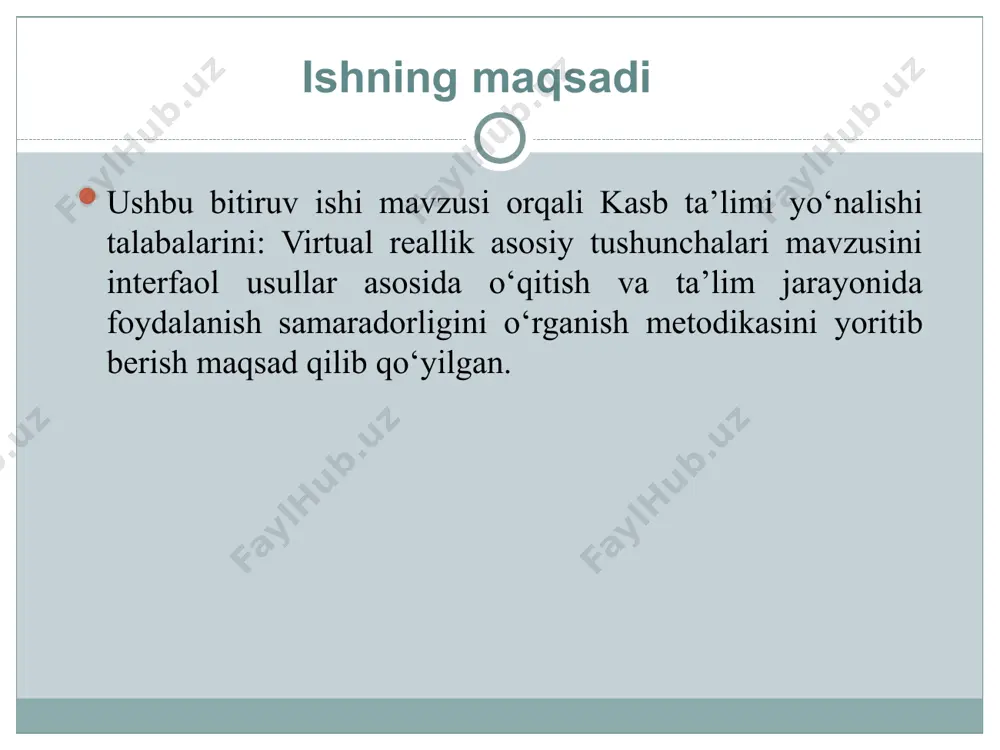 mkonini beruvchi interfaol texnologiya. w virtual borliq ta’limiy maqsadlarda virtual reallik vositalarini ishlab chiqishga qaratilgan axborotlarni vizuallashtirish vositalarini yaratish boshqa texnik vositalar yetarli emasligi. o virtual borliq kompyuter-modellashtirish va akslantirish ma’nolarida ishlatilib, biror narsani modelini yaratish. t virtual borliq ishlab chiqishga qaratilgan axborotlarni vizuallashtirish texnik vositalarini qimmatligi. «virtual reallik asosiy tushunchalari» mavzui uchun venn diagrammasi metodi «virtual reallik asosiy tushunchalari» mavzui uchun fsmu metodi «virtual reallik asosiy tushunchalari» mavzui uchun “assesment” metodi «virtual reallik asosiy tushunchalari» mavzui uchun “sinkveyn” metodi . virtual borliq . tasavvur, vizual . inson bu xayoliy olamga kiritadi, uni kuzatadi boshidan kechiradi, unga ta’sir ko‘rsatish imkoniyatiga ega bo‘ladi. . real dunyon kompyuterda yaratilgan muhiti . 3d «virtual reallik asosiy tushunchalari» mavzui uchun “scamper” metodi «virtual reallik asosiy tushunchalari» mavzusini o’qitishda optimal ta’lim metodlaridan tanlash uchun, bilim olish jarayonini ilg’or pedagogik texnologiyalarni tatbiq etish holatini baholash xulosa ushbu bitiruv malakaviy ishida virtual reallik tushunchasining nazariy va amaliy …