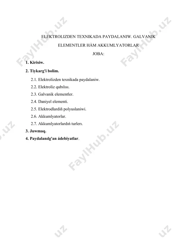 ersinshe bolip, elektrolizdegi katod teris, anod oñ zaryadg'a iye boladi. buniñ sebebi sonda, elektrolizde bolatug'in processler galvanik element islewinde juz bolatug'in processlerge qarama- qarsi. elektrolitlerdıń suwdaǵı eritpelerınde juz beretuǵın katod processlerdı kórip shiǵıwda birinshi orinda vadarod ionlarinıń qaytarılıw patencialin kozde tutıw kerek. bul potecialdiń manisi vadarod ionlari konsentraciyasina, sondayaq, eritpedegi ph ge baylanislı: e=0,059lg[h+] yamasa e=-0,059 ph neytral ortalıq ushın ph=7; sondayaq: e=-0,059*7=-0,41в. demek, eger elektrolit kationdı qurawshi metalldıń narmal patencialı -0,41v dan kore ońraq bolsa, neytral eritpeniń elektrolizinde katodda tap metall ajralip shiǵadı. bunday metallar kernewler qatarında vadarodǵa jaqın turadı. eger elektrolitdı quraǵan elektrod patecialı -0,41v ǵa qaraǵanda adewir teris bolsa, katodda albette vadarod ajıralip shiǵadı. elektr energiyası menen ximyalıq pracessler arasındaǵı muǵdarlıq baylanıis barlıǵın dastlep (1836-jılda) ingliz alimi m.faradey aniqlaǵan. elektrolizdıń 1-nizami tomendegishe táriplenedı: elektroliz waqtında elektrodda ajralip shiǵatuǵin zatdiń awırlıq muǵdarı eritpeden ótgen elektr muǵdarına tuwra praportcional. eger elektrodda ajiralip shiǵatuǵın zattıń awırlıq muǵdarın m menen¸ elektr …