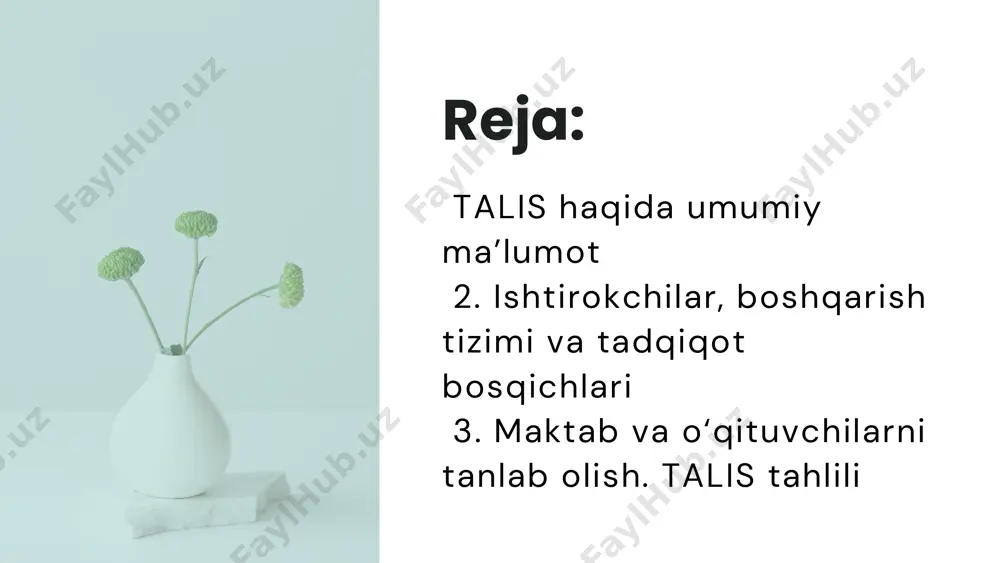 gini juda ham muhimligin i ta’kidladi. tadqiqotlar maktab o‘qituvchilari va direkt orlariga nafaqat milliy, balki xalq aro darajada o‘z fikrini bildirish i m k oni ni beradi. o‘qituvchilar , maktab rahbarlari va ta’lim sohasidagi mutaxassislar uchun ta’lim amaliyotini muhok a maga targ‘ib qi li sh va ular ni takomillashtir ish yo‘llarini ko‘rsatish. ularga o‘qituvchilik kasbini rivoj l antirishga k o‘m ak lashuvchi siyosatni ko‘rib chiqish va ishlab chiqishga yordam berish hamda samara l i o‘ qitish va o‘rganish uc hun yaxshi sharoit yaratish. tadqiqotchilar, har bir k o nte nt sohasi bo‘yicha o‘t gan tadqiqot adabiyotlarini yaratish (konsept ual doirada aniqlangan) hamda talis va boshqa ma’lumotlar yordamida keyingi tadqiqotl a r uchun asos lov ch i ma’lumot larni yaratish. talis dasturining umumiy maqsadi ishtirokchilar, boshqarish tizimi va tadqiqot bosqichlari e’tiboringiz uchun rahmat!!! daliyeva durdona