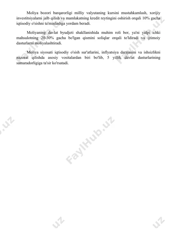 10% gacha iqtisodiy o'sishni ta'minlashga yordam beradi. moliyaning davlat byudjeti shakllanishida muhim roli bor, ya'ni yalpi ichki mahsulotning 20-30% gacha bo'lgan qismini soliqlar orqali to'ldiradi va ijtimoiy dasturlarni moliyalashtiradi. moliya siyosati iqtisodiy o'sish sur'atlarini, inflyatsiya darajasini va ishsizlikni nazorat qilishda asosiy vositalardan biri bo'lib, 5 yillik davlat dasturlarining samaradorligiga ta'sir ko'rsatadi. 📌xulosa moliyananing mohiyati va funktsiyalari uning iqtisodiy rivojlanishdagi ahamiyatini, resurslarni samarali boshqarishdagi rolini va jamiyat hayotidagi ta'sirini yaqqol ko'rsatadi. u jamiyatning barqarorligi va farovonligi uchun muhim asosdir. 📚foydalanilgan adabiyotlar 1. moliyana mohiyati va vazifalari to'g'risida adabiyotlar ro'yxati mavjud emas. iltimos, aniqroq ma'lumot bering. 2. moliyana haqida ma'lumot topish uchun tegishli sohalar bo'yicha ilmiy maqolalar va kitoblarni qidirishingiz mumkin. 3