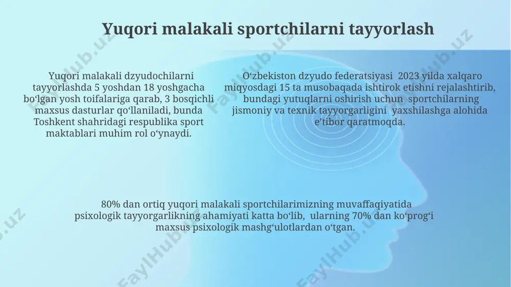 yniqsa, 50-yillardan keyin, jahonning ko‘plab mamlakatlarida, jumladan, o‘zbekistonda ham keng tarqaldi. judo raqobatlari va musobaqalari judo bo'yicha jahon chempionati har yili turli mamlakatlarda, masalan, 2023-yili baxraynda o'tkazildi va unda 100 dan ortiq davlatdan sportchilar ishtirok etdi. 1964-yildan buyon tokioda o'tkazilgan olimpiada o'yinlarida judo musobaqalari muntazam ravishda o'tkazilib kelinmoqda, va unda 14 ta vazn toifasida erkak va ayollar bahslashadi. 1964-yildan buyon tokioda o'tkazilgan olimpiada o'yinlarida judo musobaqalari muntazam ravishda o'tkazilib kelinmoqda, va unda 14 ta vazn toifasida erkak va ayollar bahslashadi. judo bo'yicha o'qituvchilarni tayyorlash dasturlari жudo мутахассисларини тайёрлаш бўйича ўзбекистон давлат жисмоний тарбия ва спорт университетида 5 йиллик бакалавриат дастури амал қилади, унда 300 дан ортиқ соат амалий машғулотлар киради. самарқанддаги вилоят спорт мактабларида 10-18 ёшдаги болалар учун 3 йиллик жудо бўйича мураббийлик дастурида психологик тайёргарликка камида 50 соат ажратилган. тошкент шаҳридаги республика олимпия захиралари коллежида 2 йиллик жудо бўйича мутахассисларни тайёрлаш курсларида талабалар 1500 соатдан ортиқ назарий ва амалий …